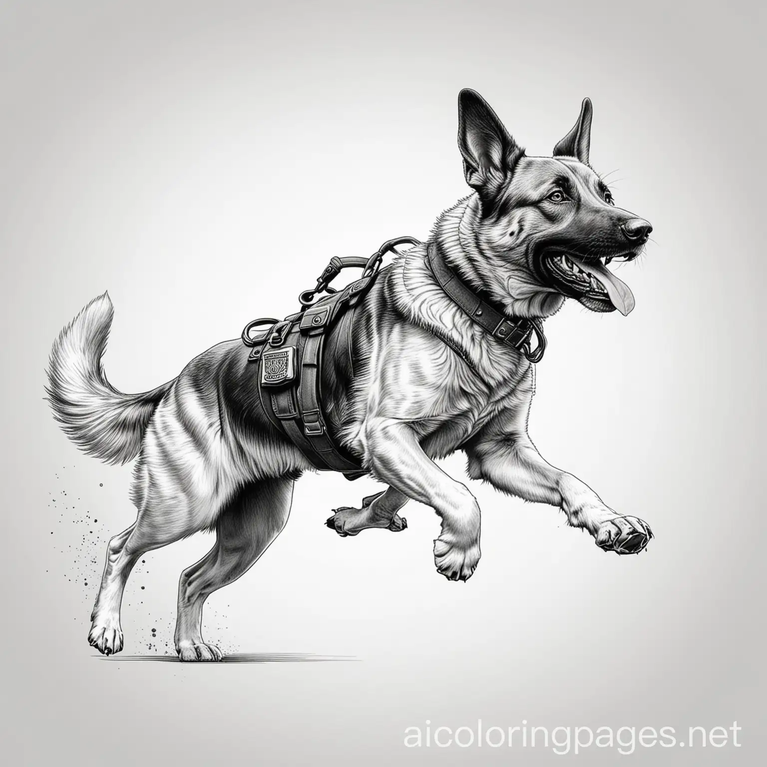 Police dog chasing 

, Coloring Page, black and white, line art, white background, Simplicity, Ample White Space. The background of the coloring page is plain white to make it easy for young children to color within the lines. The outlines of all the subjects are easy to distinguish, making it simple for kids to color without too much difficulty