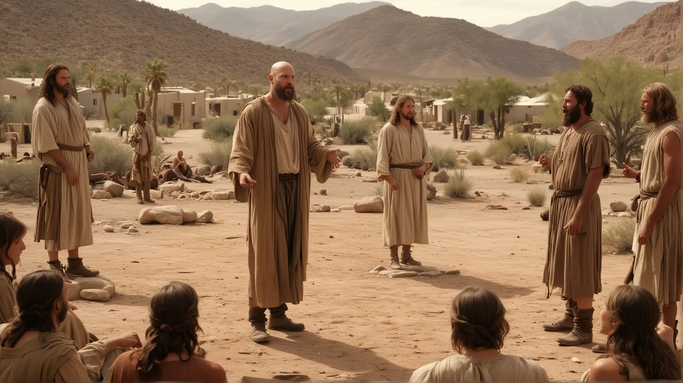  a bald man with a a brown haired beard addresses a small group of people in a desert town setting. Set during the biblical era of Elijah.