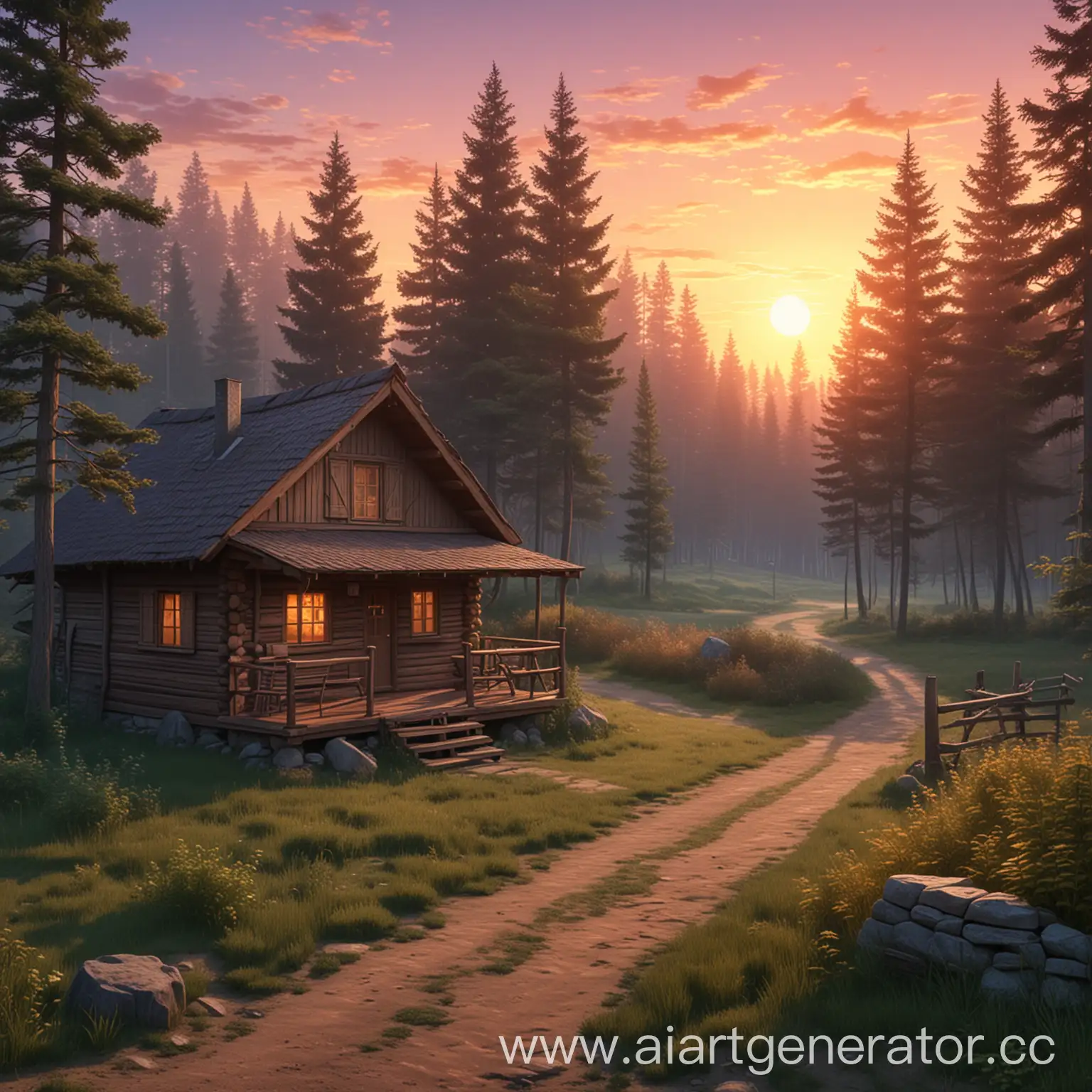 Хижина на окраине деревушки, за хижиной лес, рассвет, в стиле аниме
