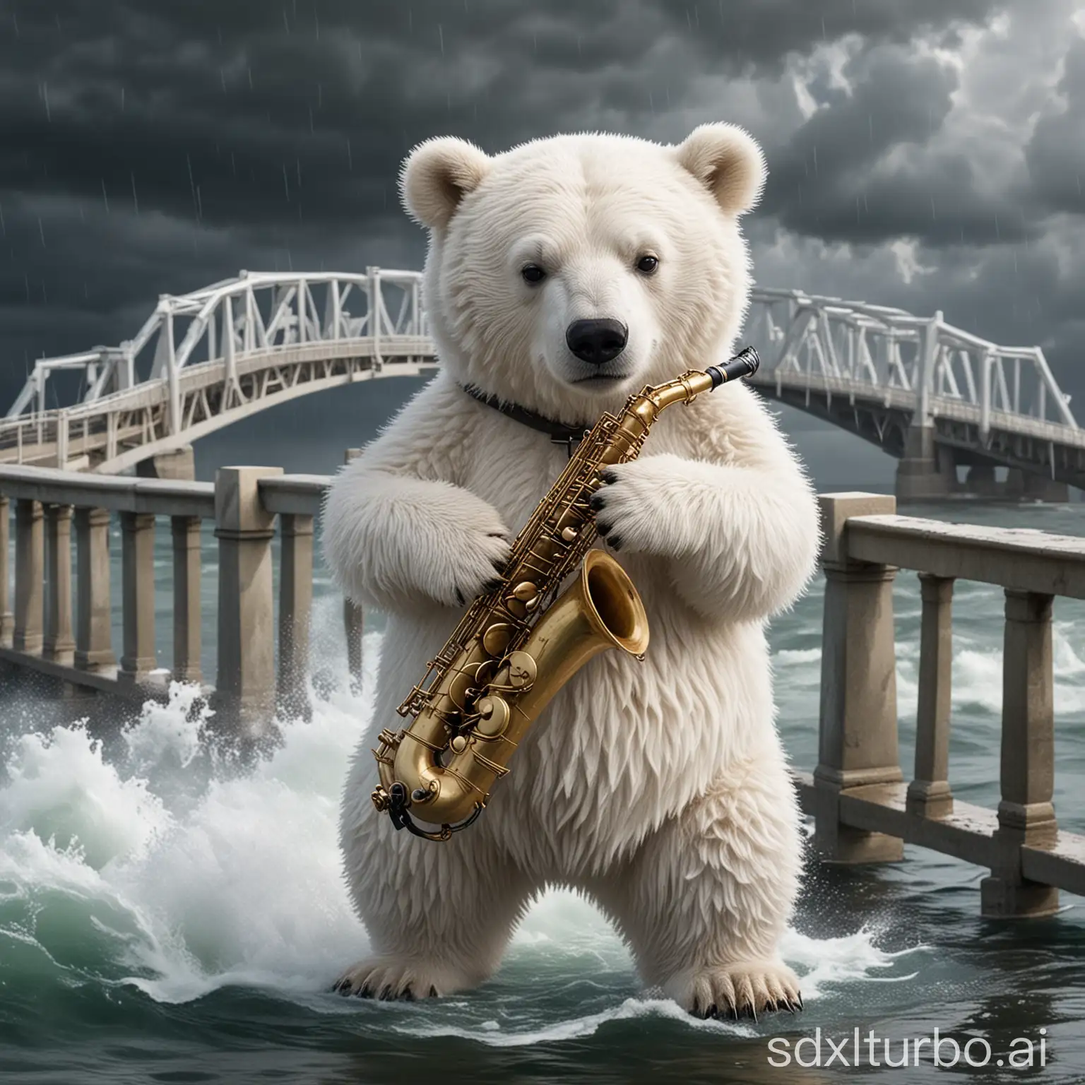 A white bear plays a saxophone in the middle of a bridge over stormy water.