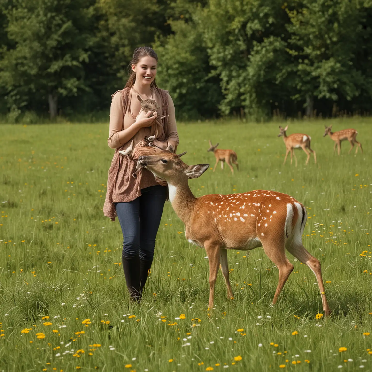 Graceful Encounter Deer and Young Woman in a Meadow