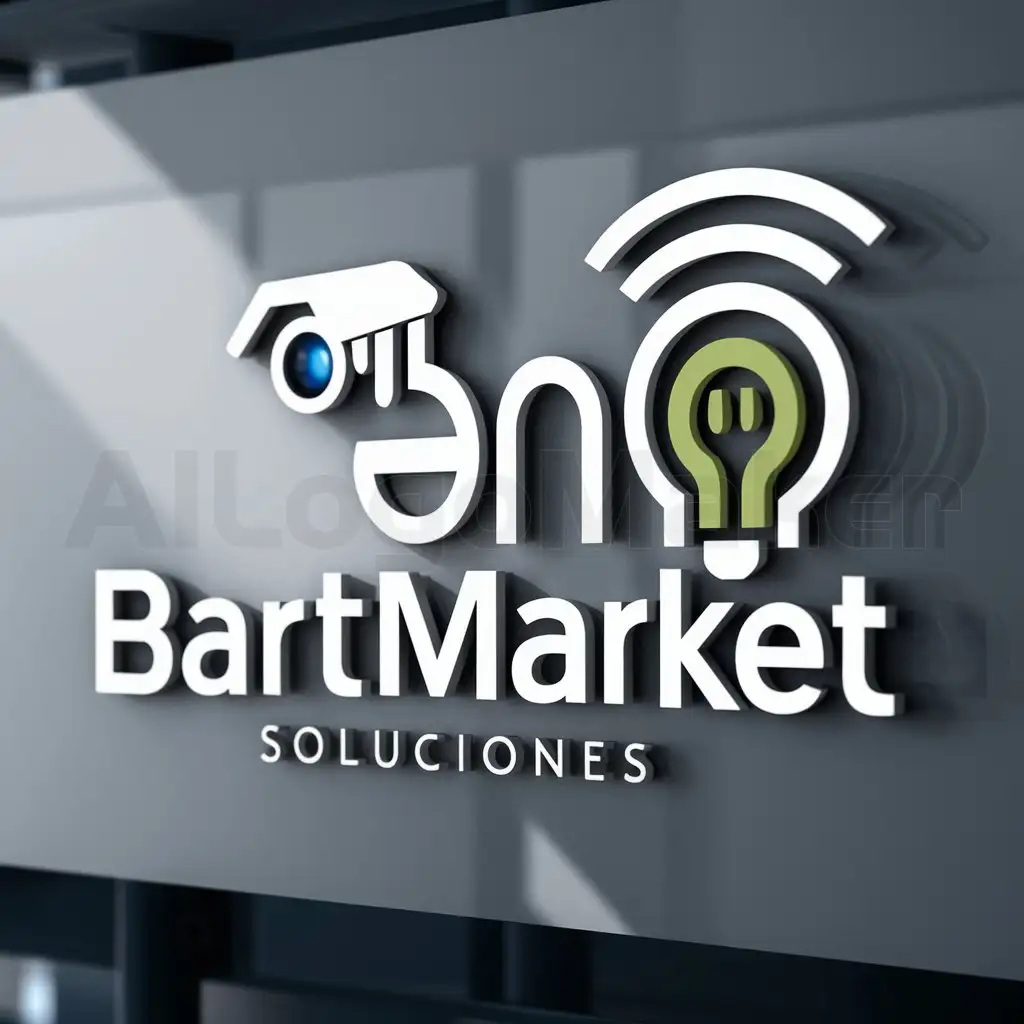 a logo design,with the text "BARTMARKET SOLUCIONES", main symbol:CREATE A LOGO INTEGRATED WITH SECURITY CAMERAS, WIFI SIGNAL AND ENERGY SAVINGS,Moderate,clear background