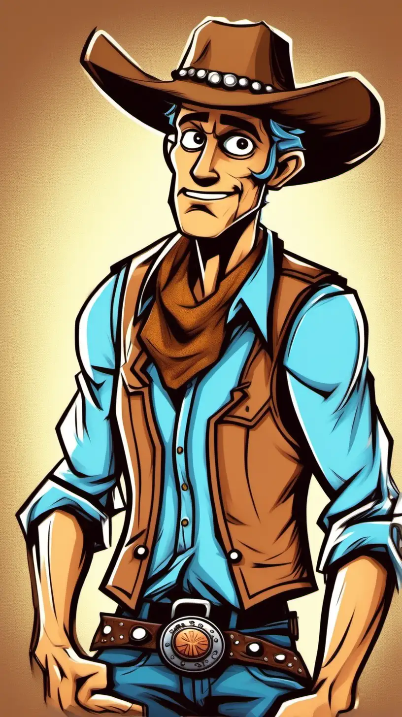 Cartoony color:Cowboy guy with a light blue shirt and brown vest.  His arms hang staight down in a resting postion