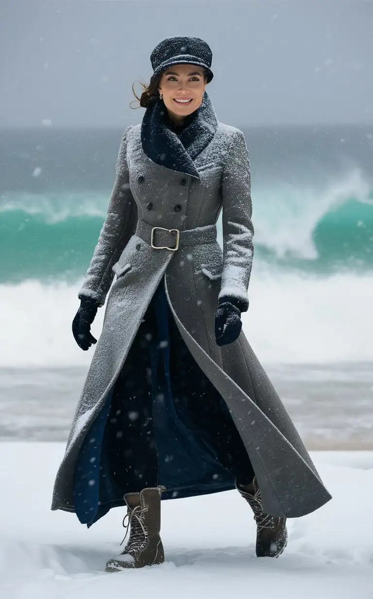 Angelina Jolie  in winter Outfit Portrait with Beach Background ,，winter，heavy snow