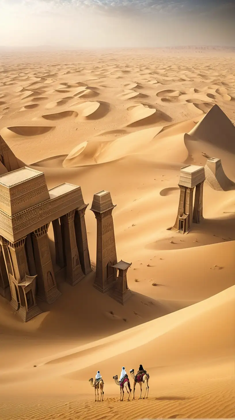 background: hyper real

Iram of the Pillars (Empty Quarter, Arabia):  Nicknamed the "Atlantis of the Sands," Iram is mentioned in the Quran as a city destroyed for its wickedness.  Legends describe it as a wealthy and technologically advanced metropolis.  Explorers have searched for Iram in the vast Rubʿ al-Khali (Empty Quarter) desert for centuries, with various ruins and rock formations sparking speculation, but no conclusive evidence has emerged.
