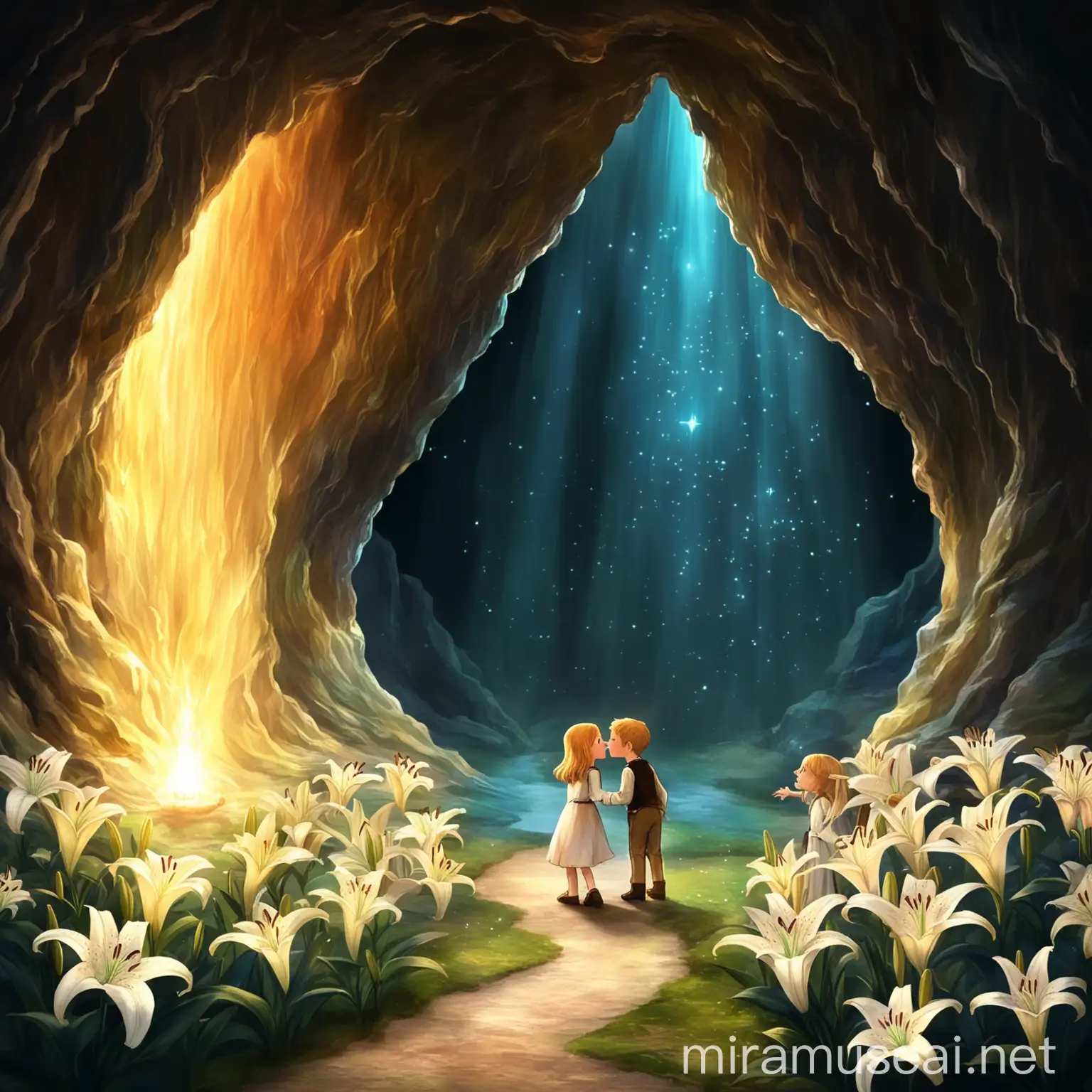 
Lily and Arthur gasped. A glowing cave shimmered with magic. "A wishing cave!" Arthur exclaimed.

"Wish us home?" Lily whispered. But something felt wrong. They'd learned so much on their journey.

Suddenly, a booming voice echoed, "One wish only!"
