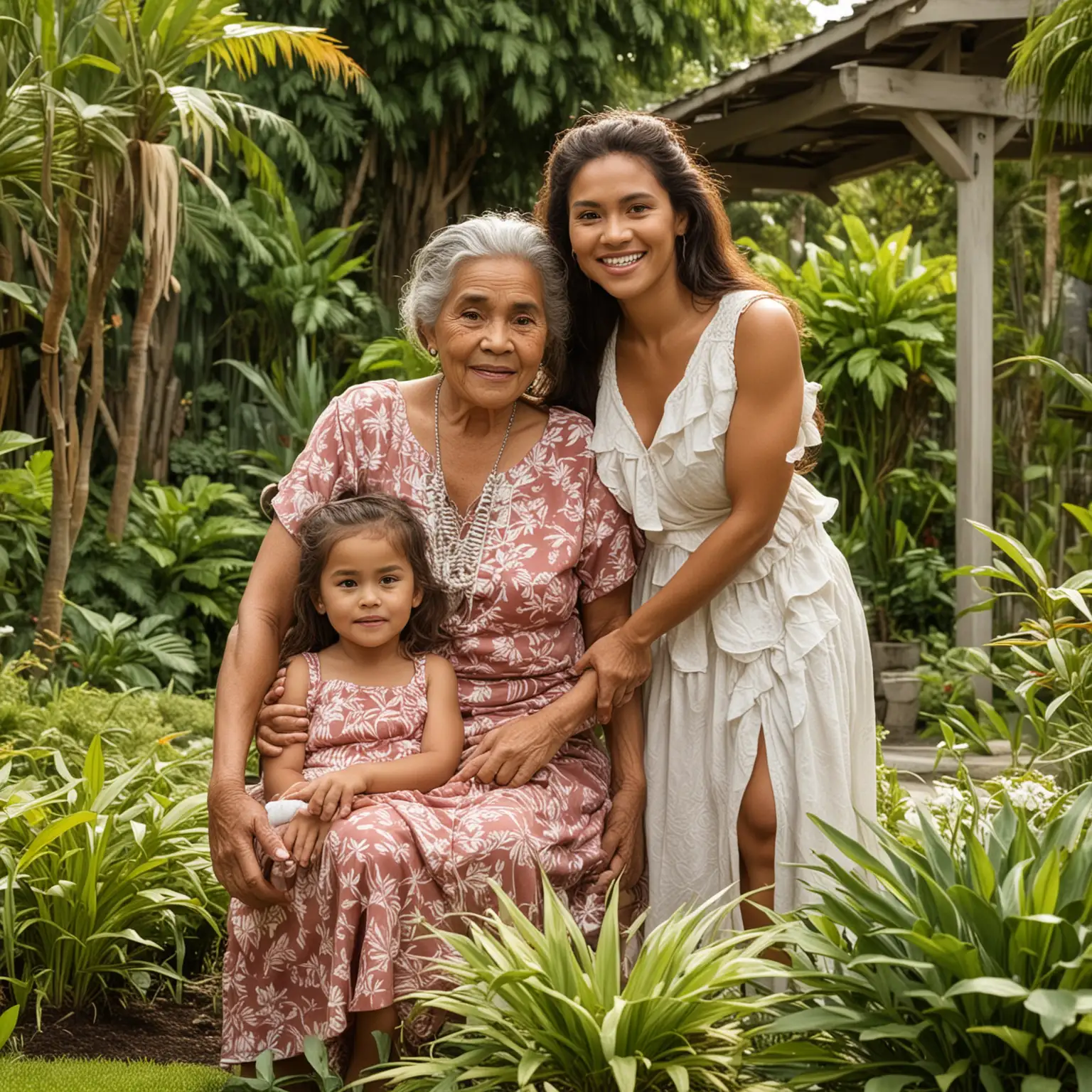 Polynesian grandmother, mother, grandaughter
with grandchild in a garden