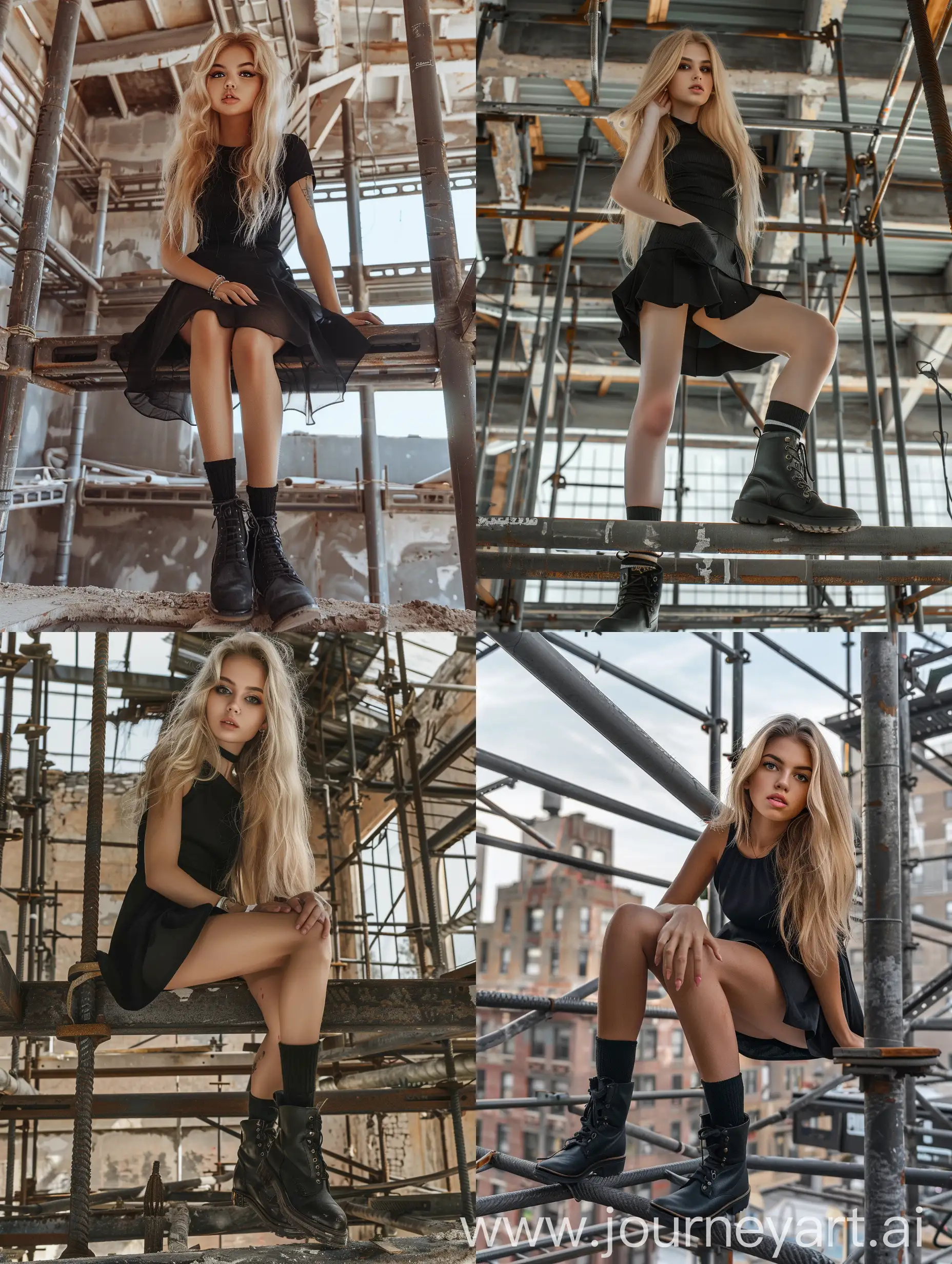1 girl, long blond hair, 18 years old, influencer, beauty, black dress, makeup,, , little fat, black boots, , socks and boots, 4k, , is working on a steel scaffold under construction