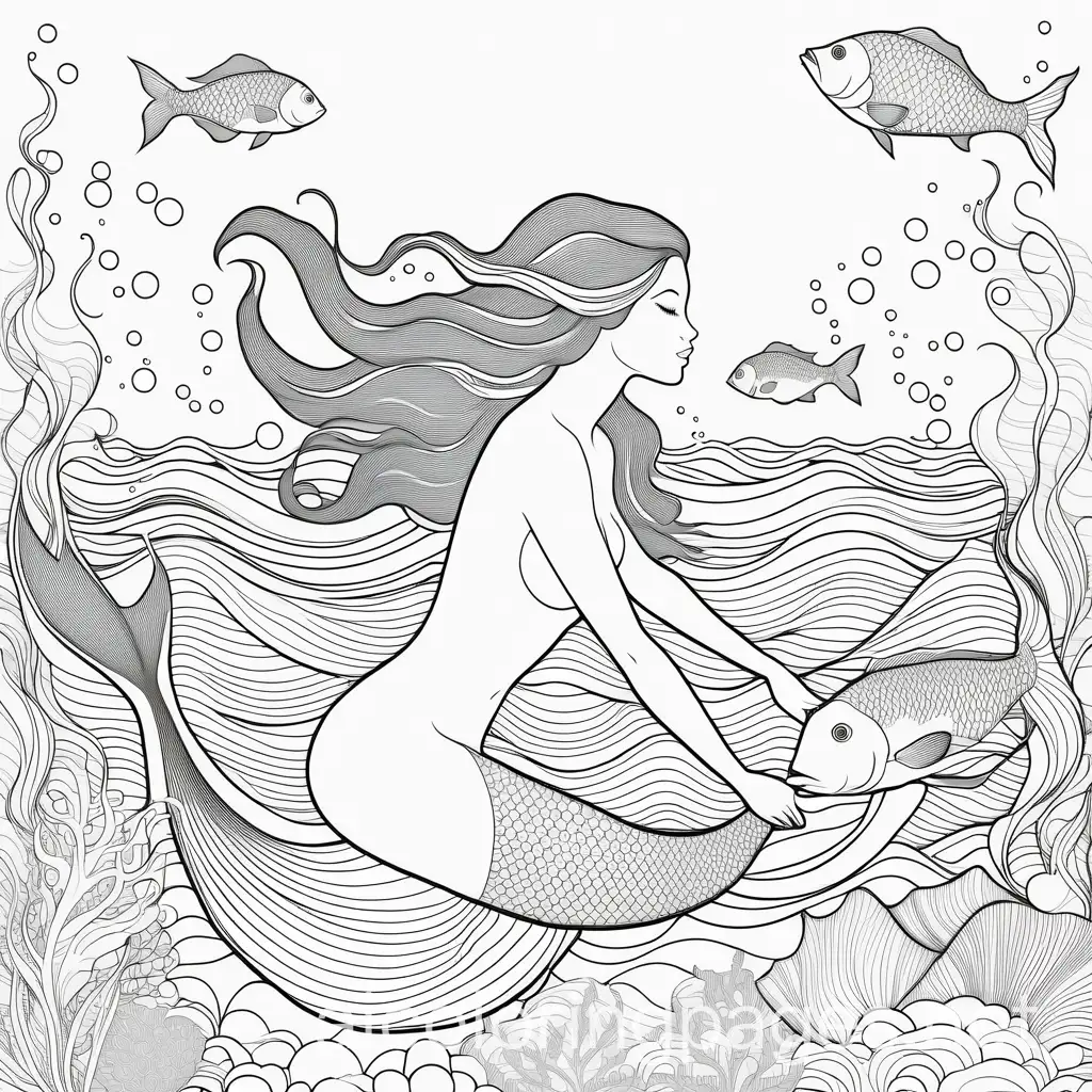 mystical mermaid swimming in ocean with fish , Coloring Page, black and white, line art, white background, Simplicity, Ample White Space. The background of the coloring page is plain white to make it easy for young children to color within the lines. The outlines of all the subjects are easy to distinguish, making it simple for kids to color without too much difficulty