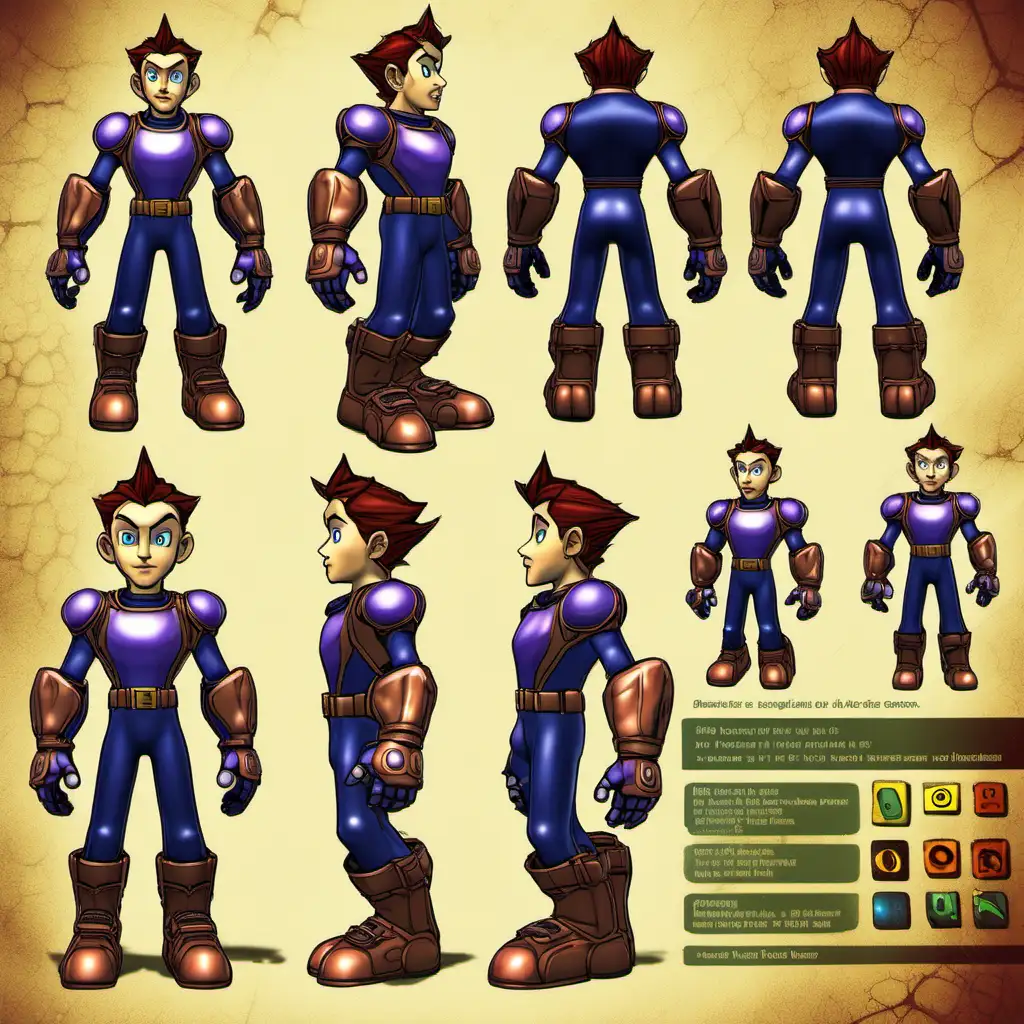 Character Sheet, N64 era style, Orion is a brave and adventurous young hero with a boundless sense of curiosity. Eager to explore the unknown, he sets out on a thrilling journey through fantastical worlds filled with mysteries and challenges. Orion possesses remarkable agility and dexterity, effortlessly leaping across platforms and dodging obstacles with finesse. Armed with a versatile toolkit and a quick wit, he's always ready to tackle whatever dangers lie ahead. Orion's quest is fueled by a thirst for discovery and a desire to prove himself, making him the perfect protagonist for your N64-era inspired 3D platformer.
