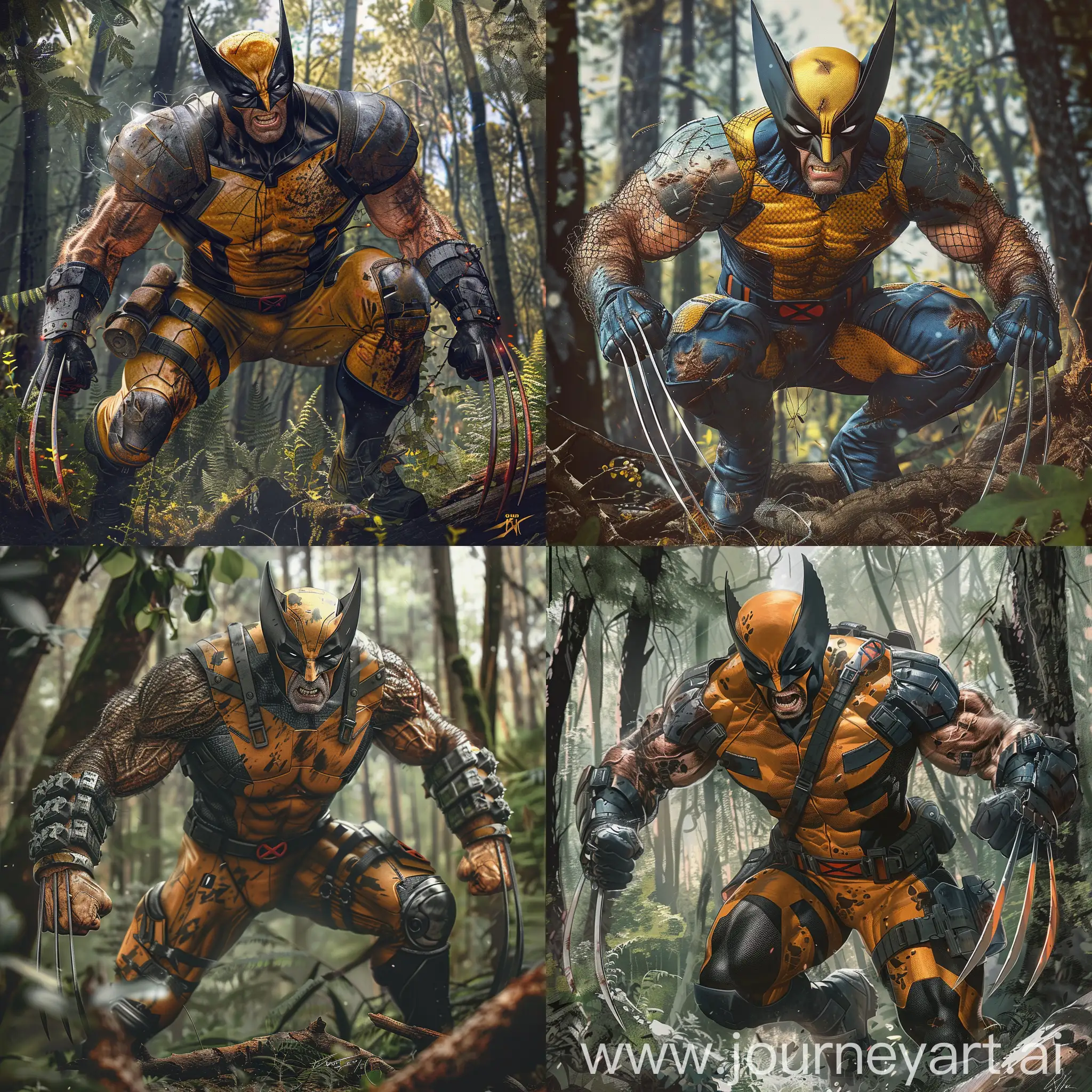Create a realistic depiction of Wolverine wearing his classic costume, but with detailed modifications. The costume should resemble a tactical combat suit, with a mesh-like texture. Ensure the portrayal captures Wolverine's iconic features, including his adamantium claws, rugged appearance, and intense demeanor. Place Wolverine in a forest setting, depicted in full-body view, poised and ready to attack."
