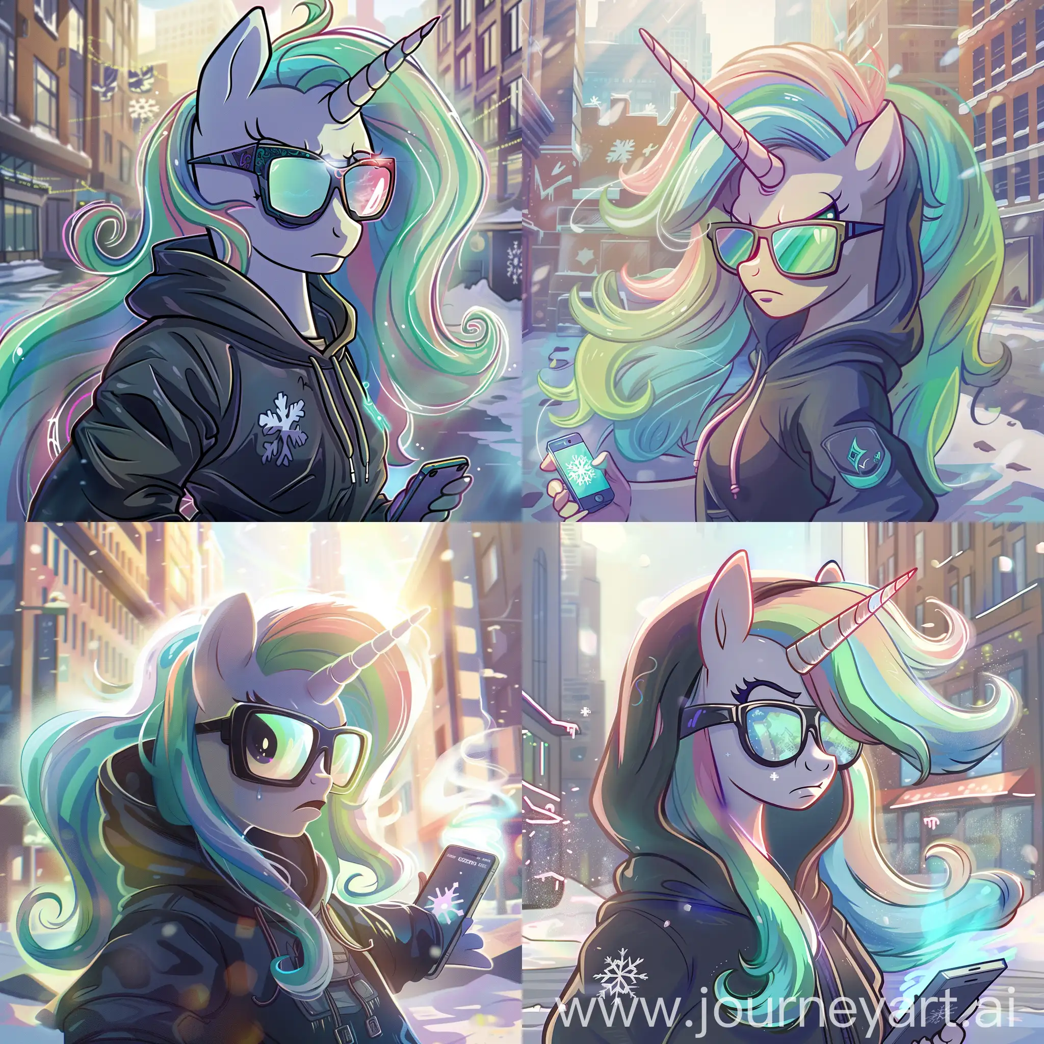 score_9, score_8_up, score_7_up, score_6_up, A serious female alicorn unicorn, Princess Celestia from My Little Pony, is depicted wearing a dark hoodie and sunglasses with tinted lenses that glow with the sunlight. Celestia's mane flows in a wavy pattern of pastel colors, with shades of blue, green, and pink blending into each other. She is looking at something out of the frame with a displeased expression. The setting is an urban environment with multi-story buildings, snow on the ground, and a clear winter day. In her outstretched magical aura, there is a smartphone with a snowflake logo on its back.