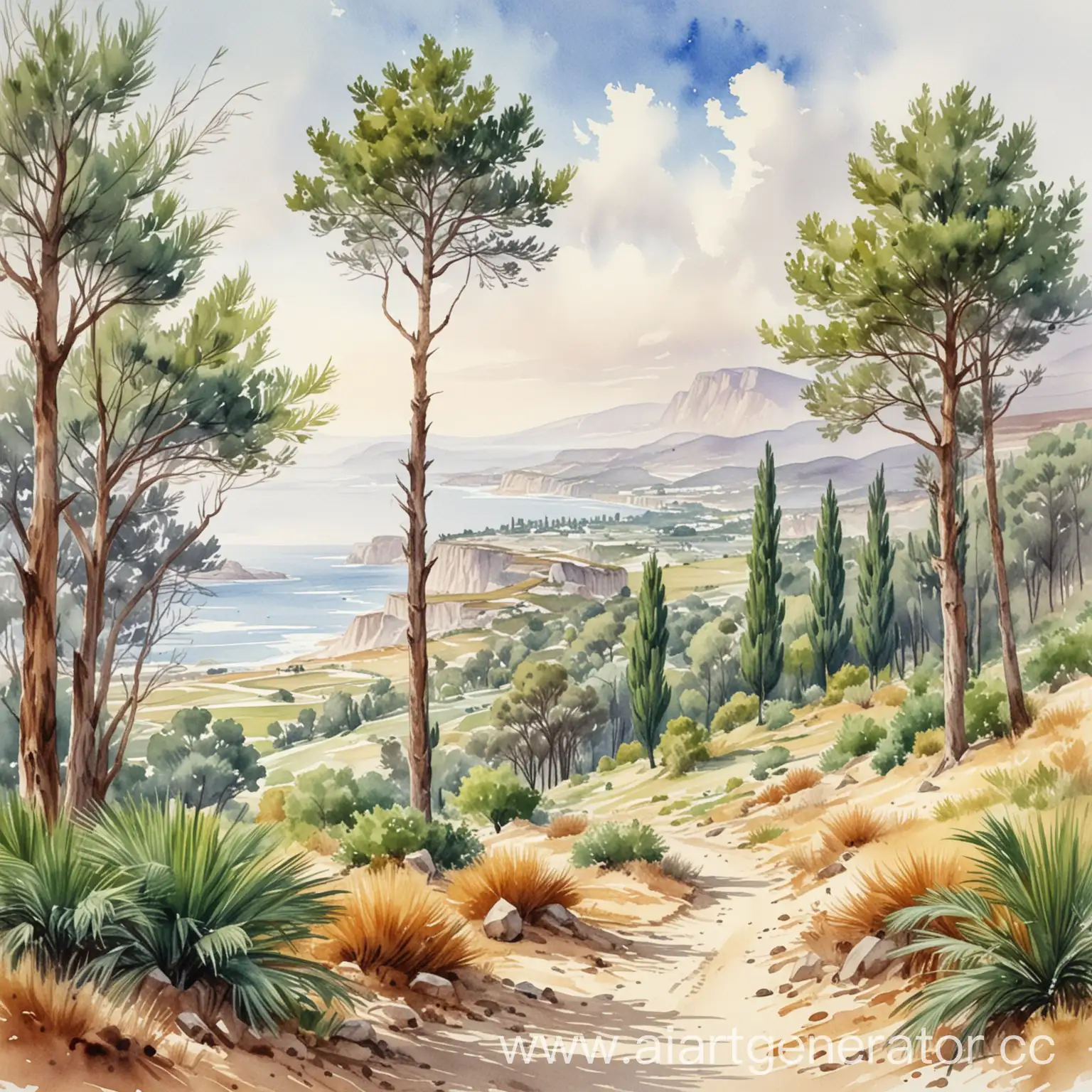 Illustration of the climatic zone of Russia, Crimea landscape with palm and cypress, watercolor drawing