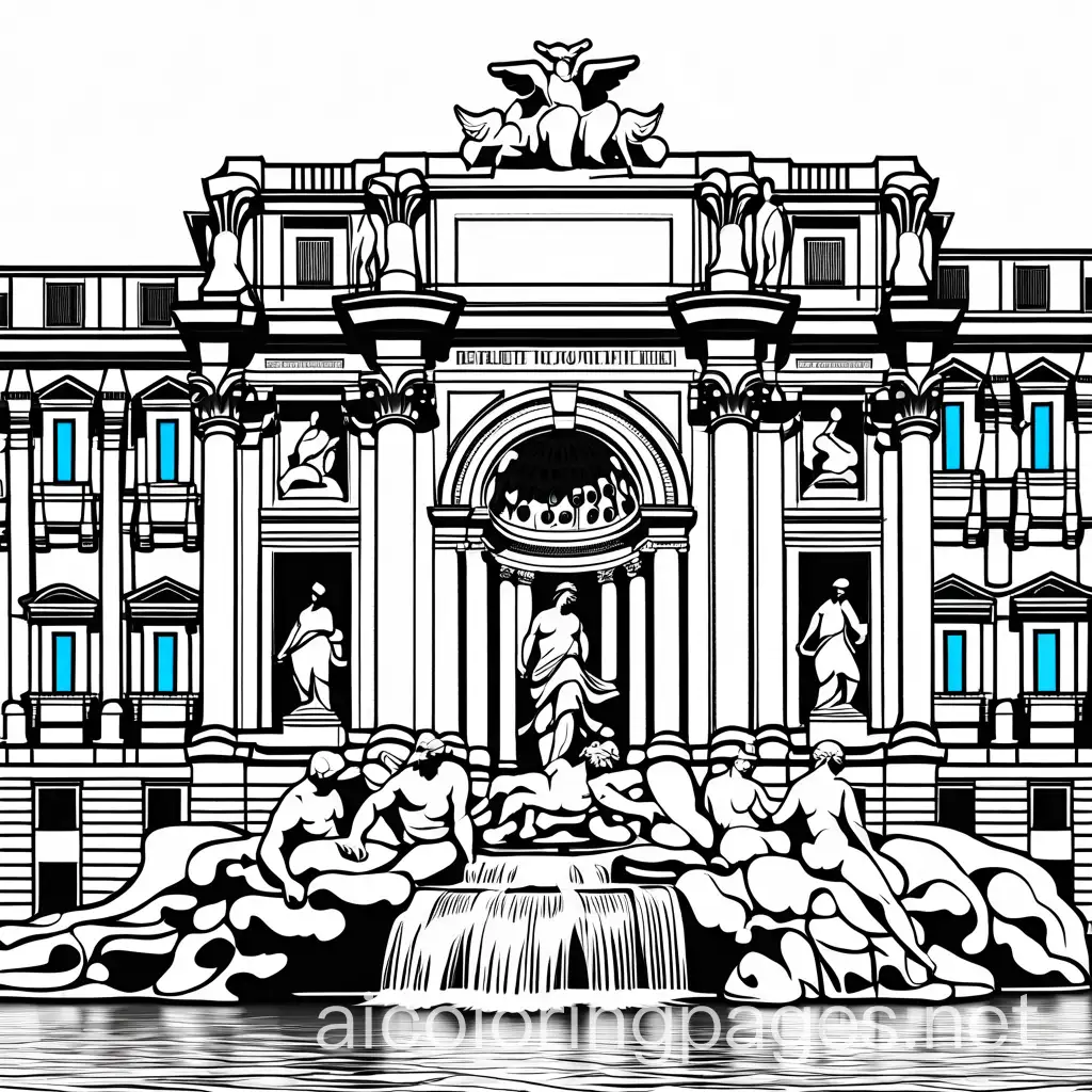 create a coloring page of the trevi fountain complete view from the outside, Coloring Page, black and white, line art, white background, Simplicity, Ample White Space. The background of the coloring page is plain white to make it easy for young children to color within the lines. The outlines of all the subjects are easy to distinguish, making it simple for kids to color without too much difficulty
