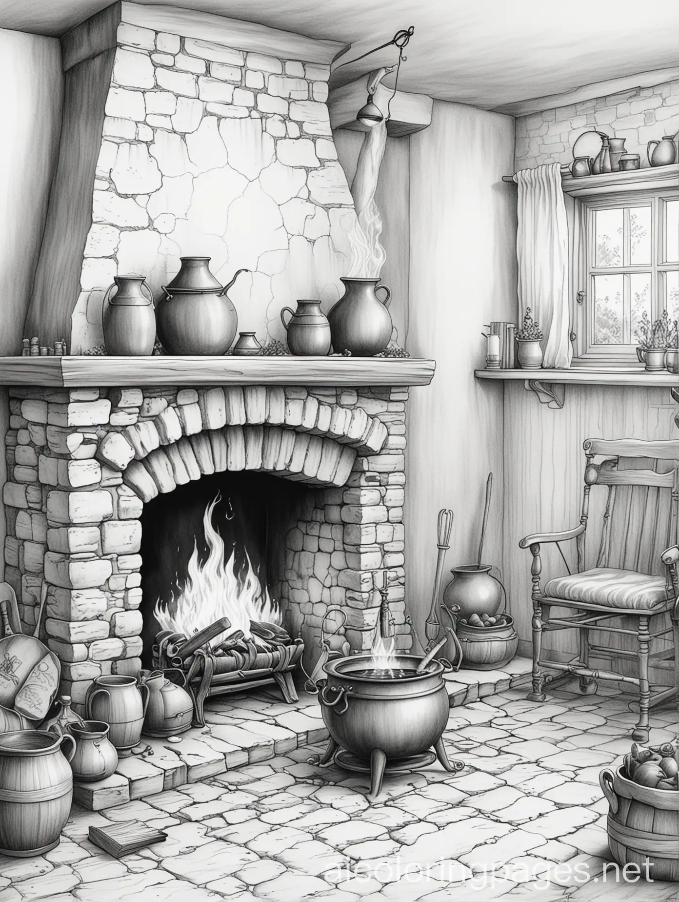 witches cottage with a cauldron bubbling over a fireplace , Coloring Page, black and white, line art, white background, Simplicity, Ample White Space. The background of the coloring page is plain white to make it easy for young children to color within the lines. The outlines of all the subjects are easy to distinguish, making it simple for kids to color without too much difficulty