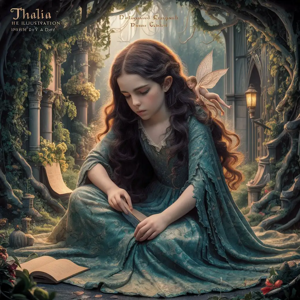 "Thalia" lettering, In the style of Dulac fairytale illustration, beautiful brunette girl studies in a magical forest setting, fairy tale, medieval, enchanting.