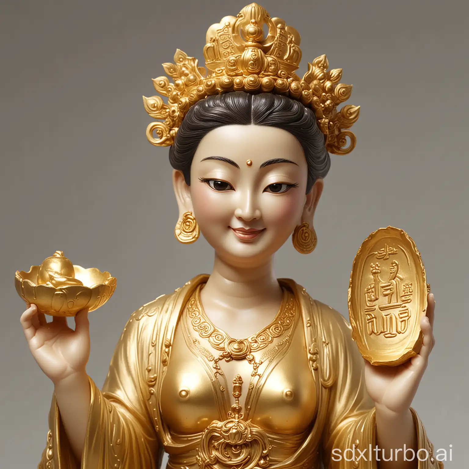 Guanyin Bodhisattva holds a golden ingot in both hands, with a kind face, big smiling eyes, large drooping ears, slightly solemn, delicate features.