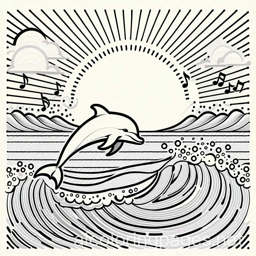 A happy dolphin jumping out of the water, wearing headphones connected to a floating music player, with musical notes around it and a sunset in the background., Coloring Page, black and white, line art, white background, Simplicity, Ample White Space.
