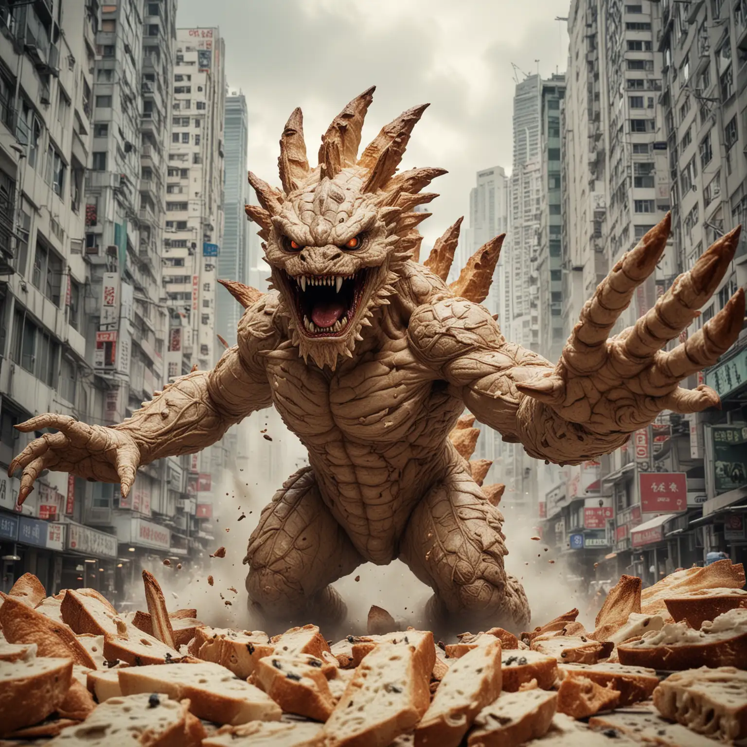 Sourdough Texture Bread Monster Kaiju Rampaging Through hong kong City attack fighter