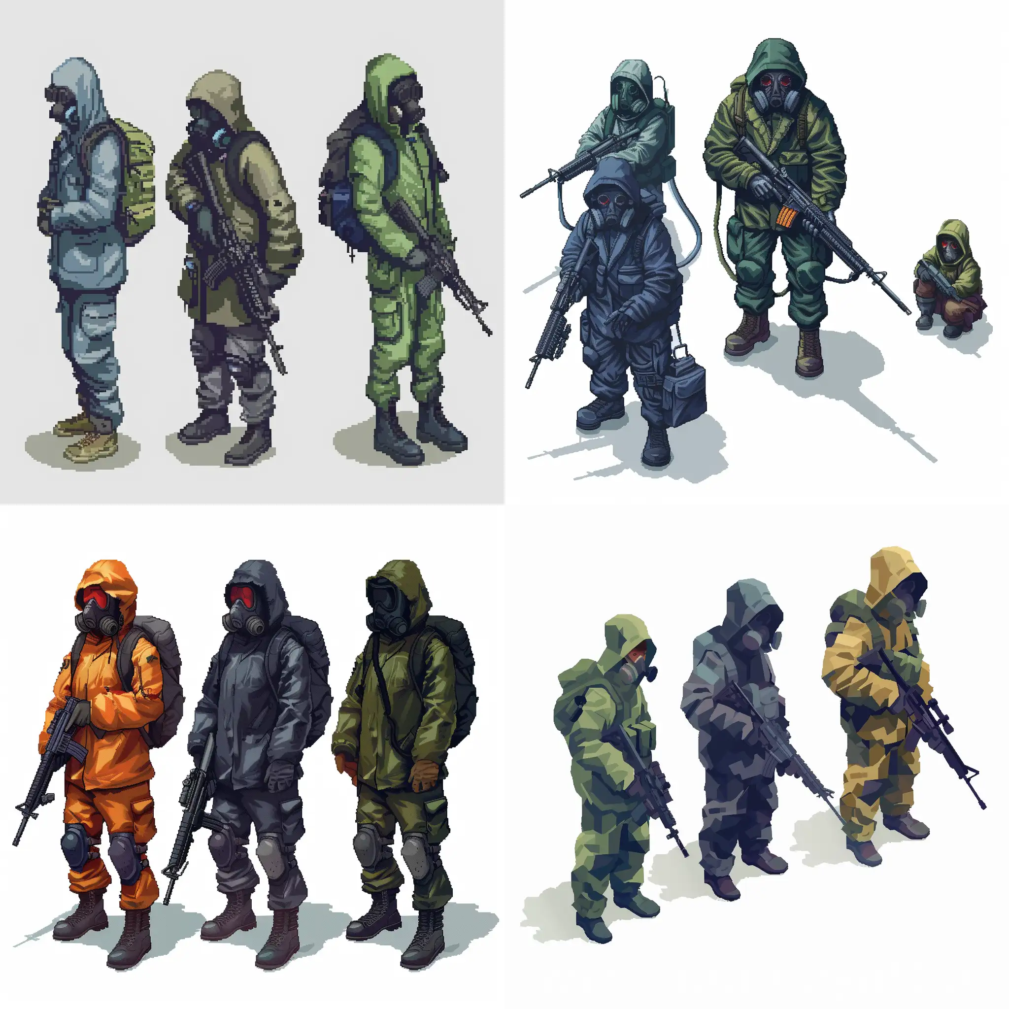 Make a pixel concept art in white background of the characters in an isometric form, characters from the game stalker, pixel minimalism, stalker in a raincoat and gas mask with a gun, stalker in a dark blue jumpsuit, with unloading and gas mask, stalker in a green jumpsuit and gas mask with unloading, the distance between the characters should be such that they do not touch each other.
