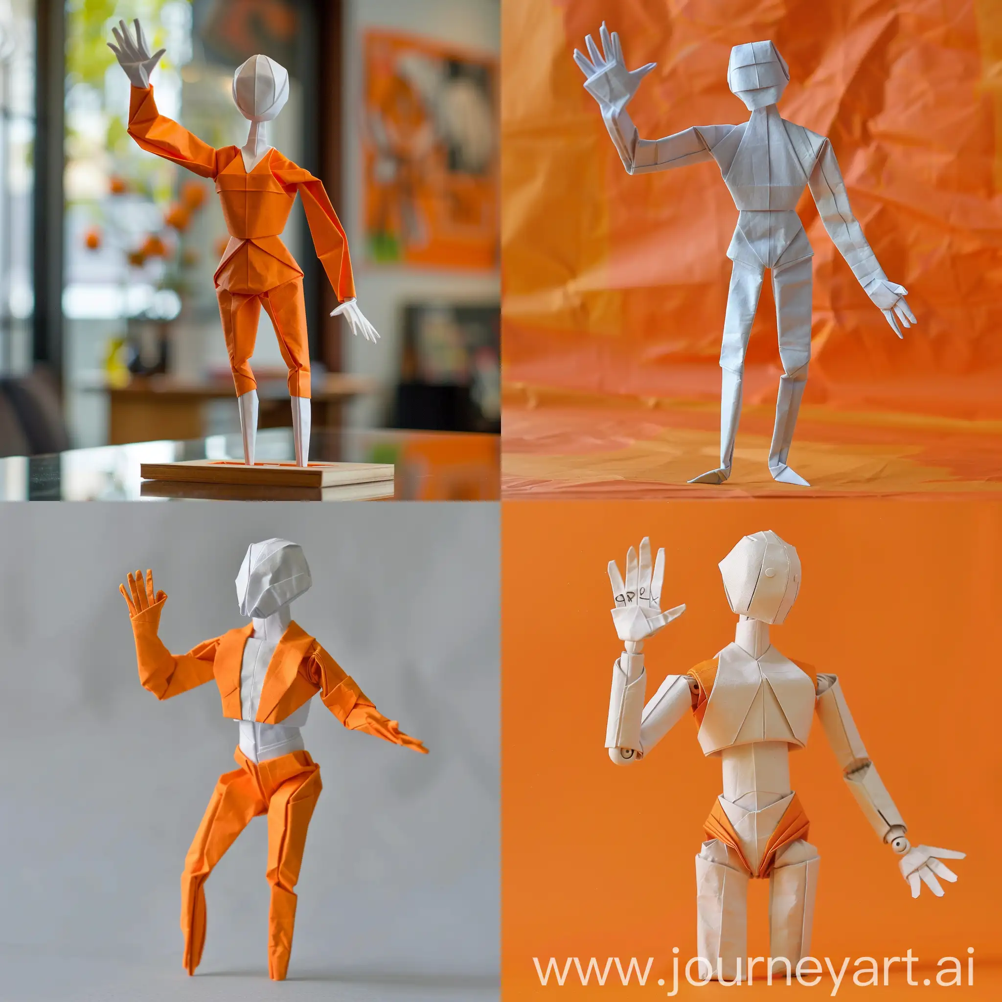 a small origami folded genderless mannequin waving hi in Orange