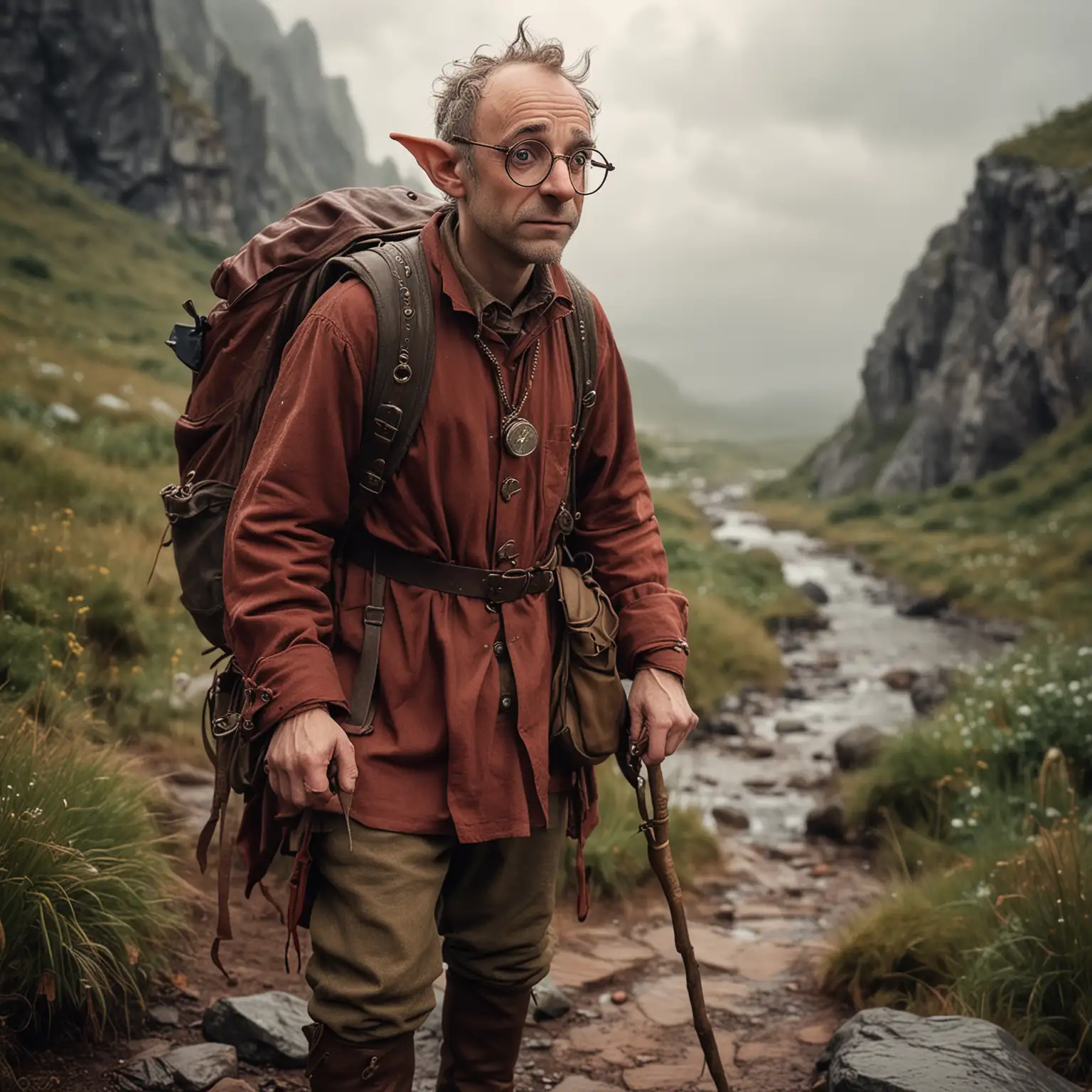 Sam Neil as a short rock dwarf elf tinkerer with stubble and pointy ears, wearing jeweler spectacles, limping with a cane with an oversized backpacking bag, wearing an ancient faded maroon tunic, limping on a dawn stormy day. 
