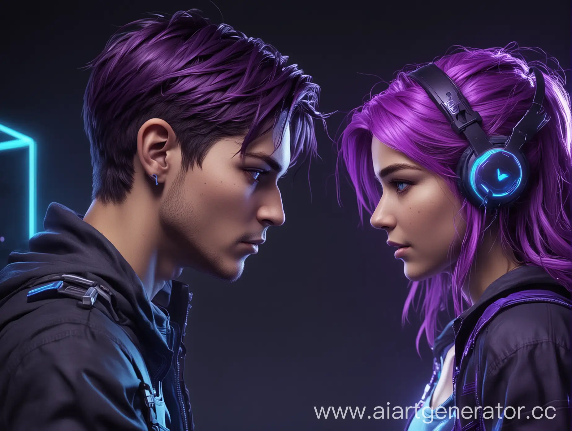 Создай 1 персонажа женского и 1 мужсково пола которые смотрят друг на друга в игровом стиле, сорвенование, компьюторы, видеоигры, цвета синий и фиолетовый неоновые 