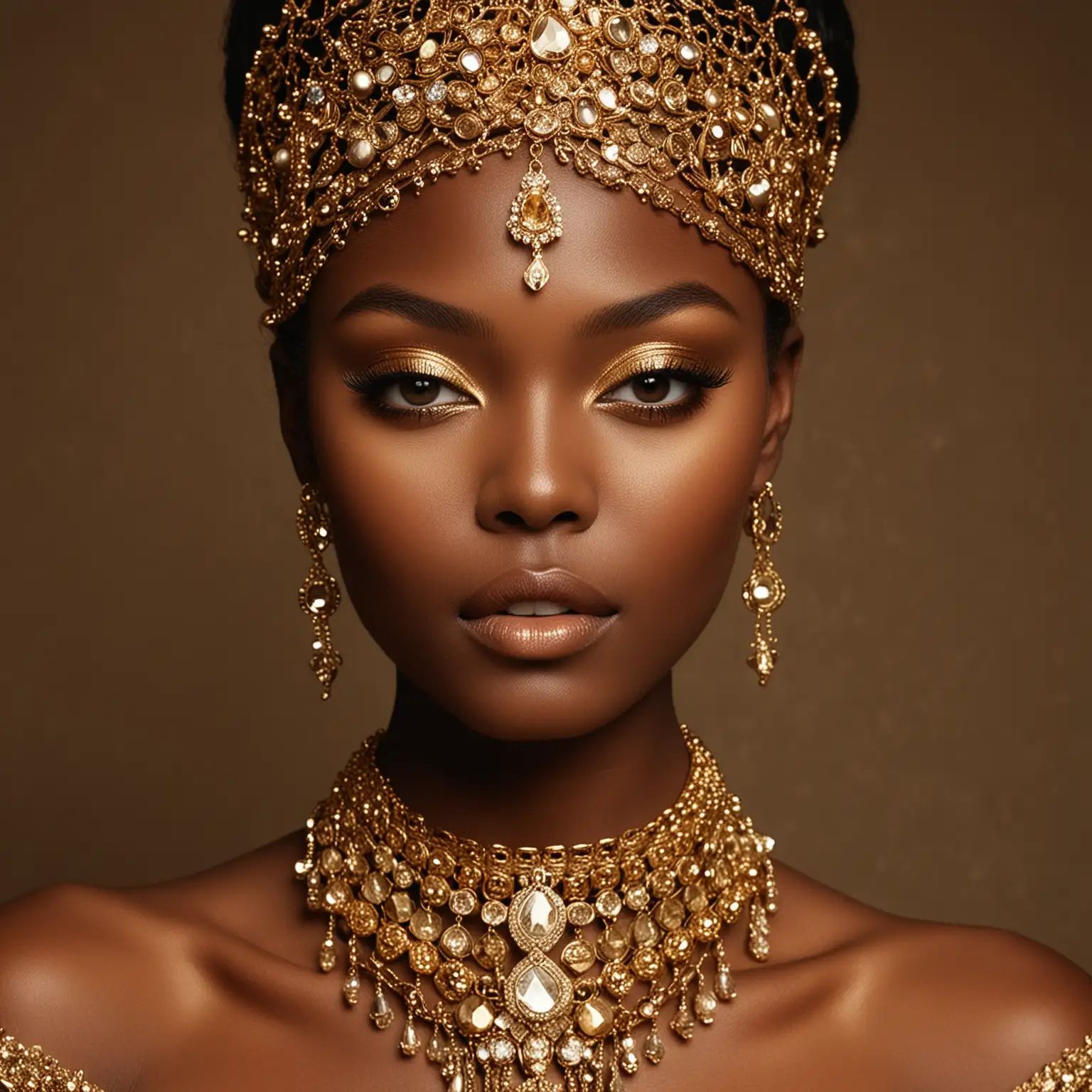 Eleganz in Gold: Ein Bild eines Models mit tiefdunkler Haut, das mit goldenem Lidschatten und glitzerndem Schmuck akzentuiert ist. Die warmen Farbtöne betonen die Schönheit und Eleganz des Gesichts.