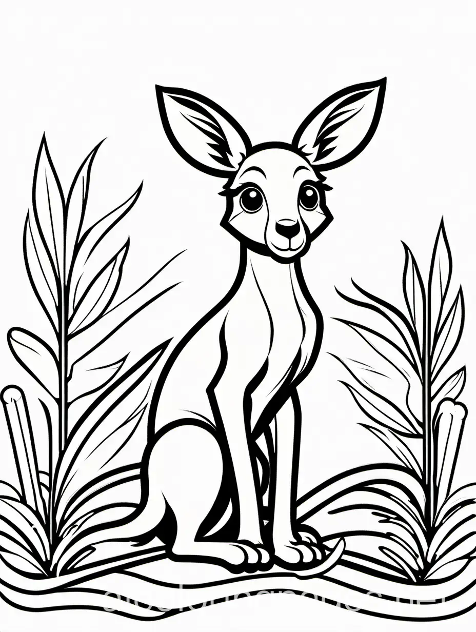 baby kangaroo, Coloring Page, black and white, line art, white background, Simplicity, Ample White Space. The background of the coloring page is plain white to make it easy for young children to color within the lines. The outlines of all the subjects are easy to distinguish, making it simple for kids to color without too much difficulty