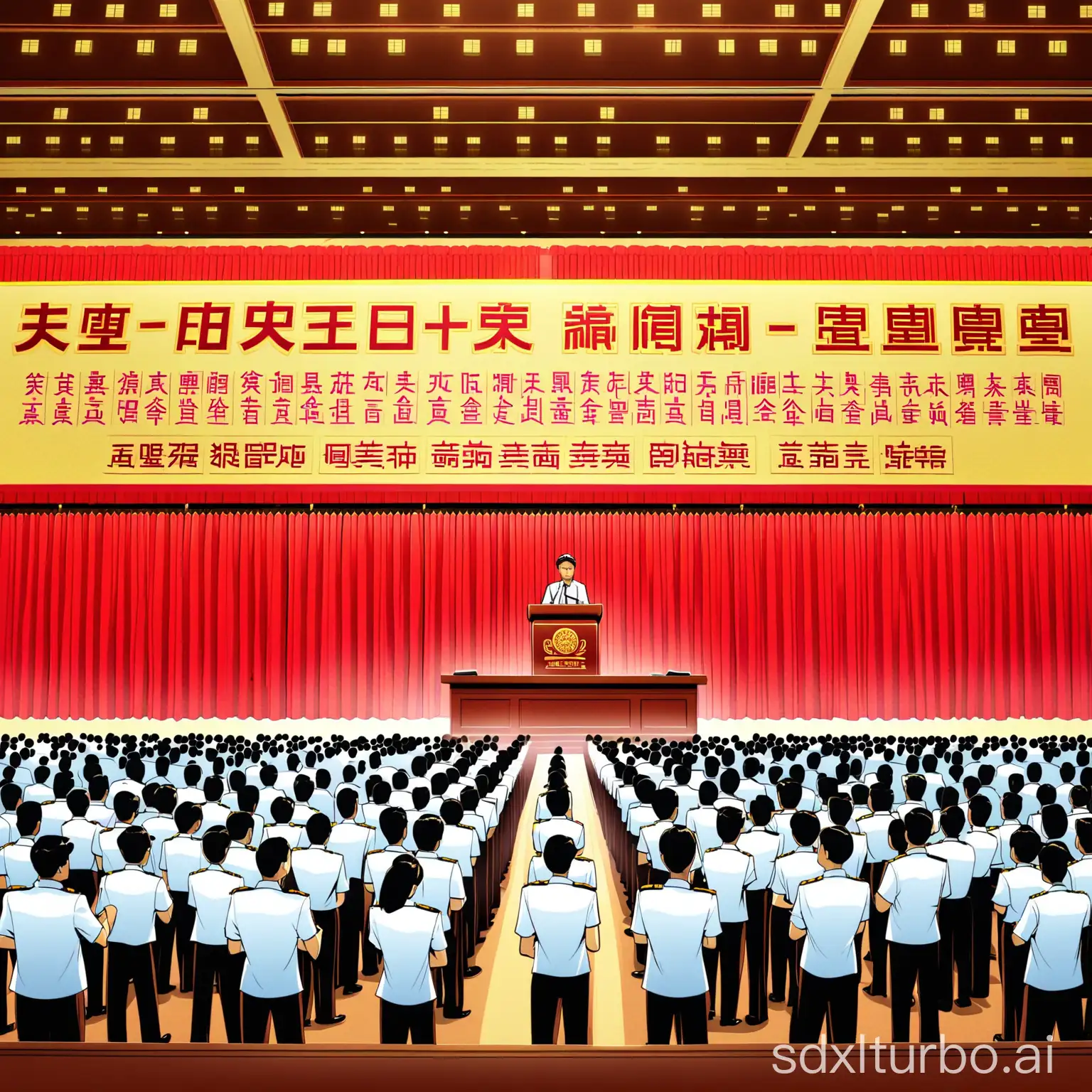 中国邮政储蓄银行下，一个人在拿着合法合规的条文站在台上朗读，很多员工身穿制服站在台下举手宣誓