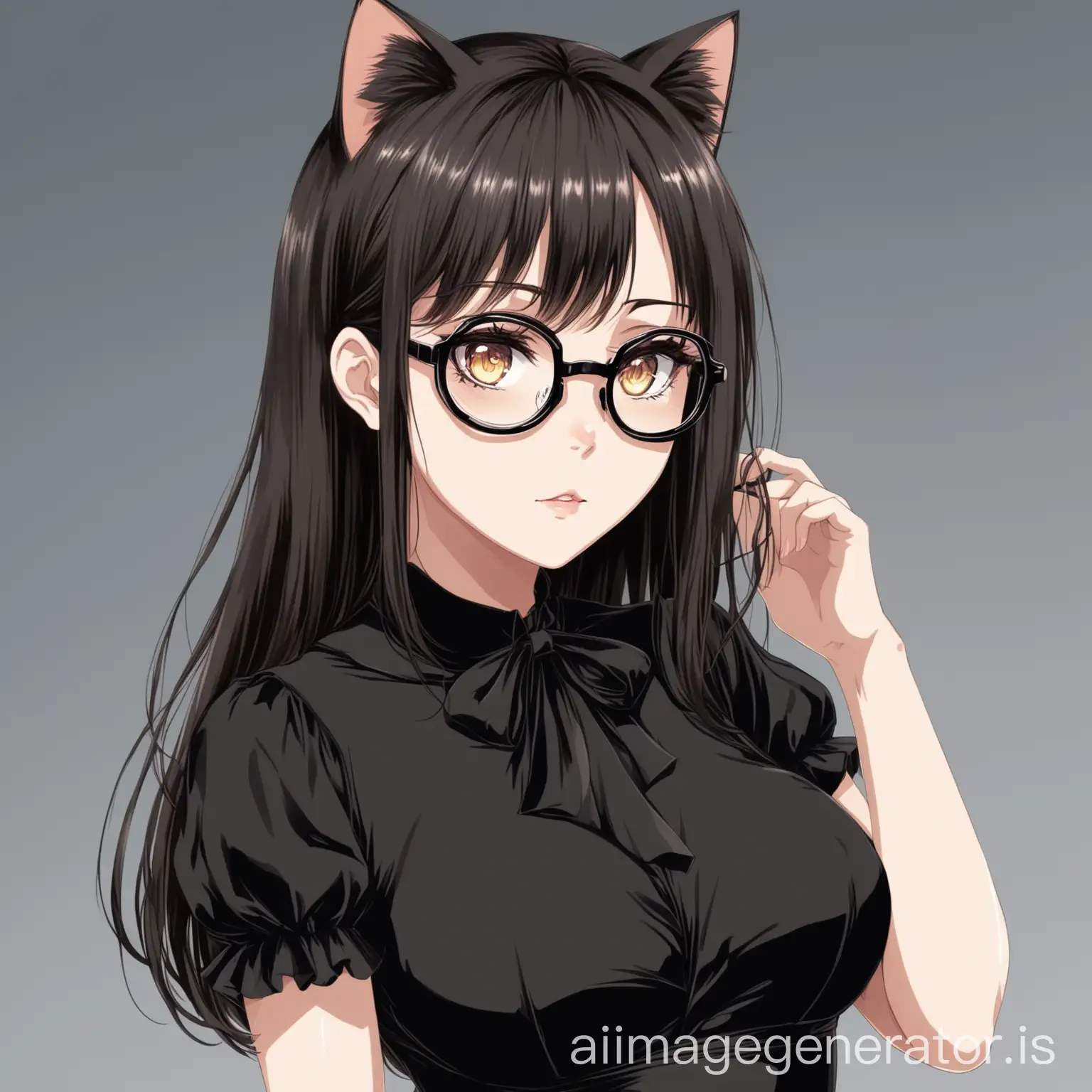 hot anime girl in an attractive black dress wearing a pair of cat eye spectacles