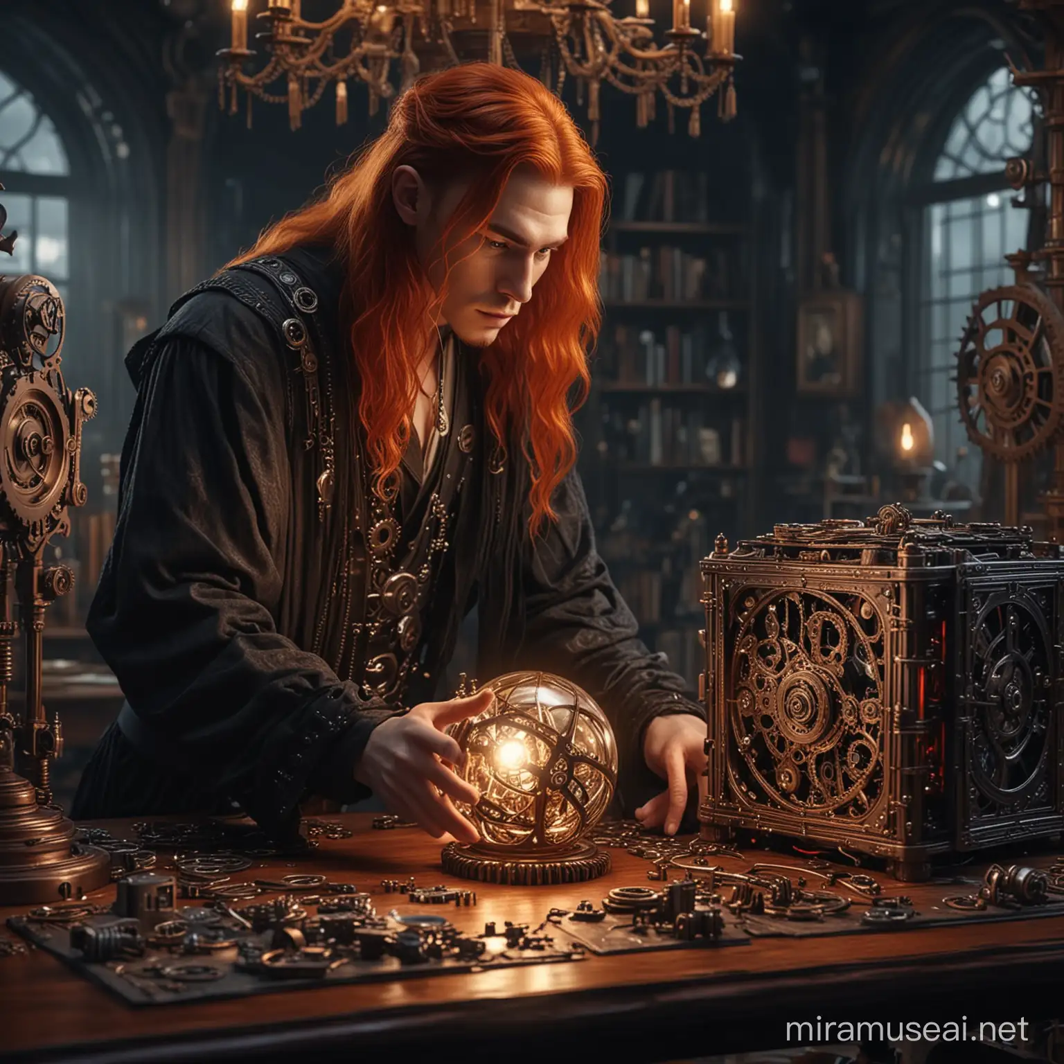 Gothic Artisan Crafts Magical Mechanical Sphere in Cube by Lamplight