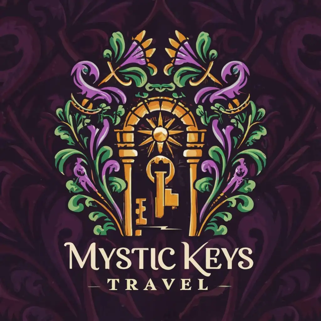 a logo design,with the text "Mystic Keys Travel", main symbol:flights, cruising, hotels, and more,  
create a Tropical Mystic Keys Travel Logo called 'Mystic Keys Travel' ,  
I require a creative logo design for my travel agency, Mystic Keys Travel. The concept should embody a harmonious blend of the tropical and mystical. I'm keen on using colors like blue, green and purple.  
The logo has to reflect my company's specializations - flights, cruising, hotels and more. Visual elements that should be included are keys, doors and tropical plants. These elements symbolize the new adventures that my travel agency opens doors to.  
The logo should marry text and symbolism. 'Mystic Keys Travel' should be incorporated intelligently alongside the other visual elements.,complex,be used in travel agency, industry,clear background