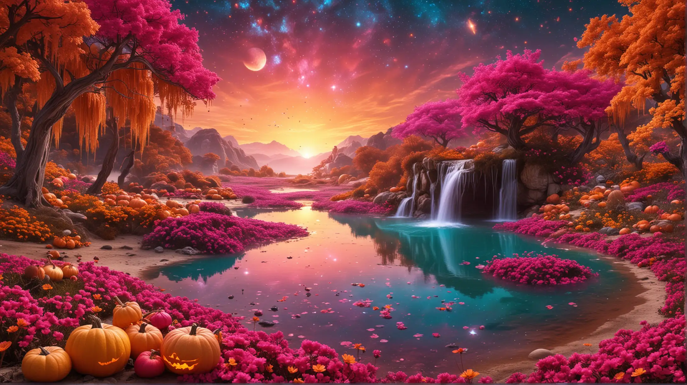 Enchanted Scene with Florescent Fairytale Pumpkins and Turquoise Glowing Lake