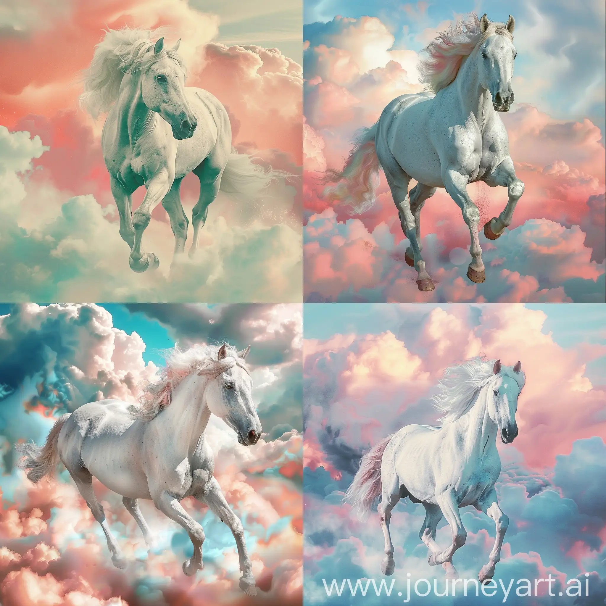 A white horse with a ruffled mane and a cloudy sky is trotting on pink and blue clouds in an emotional space.
