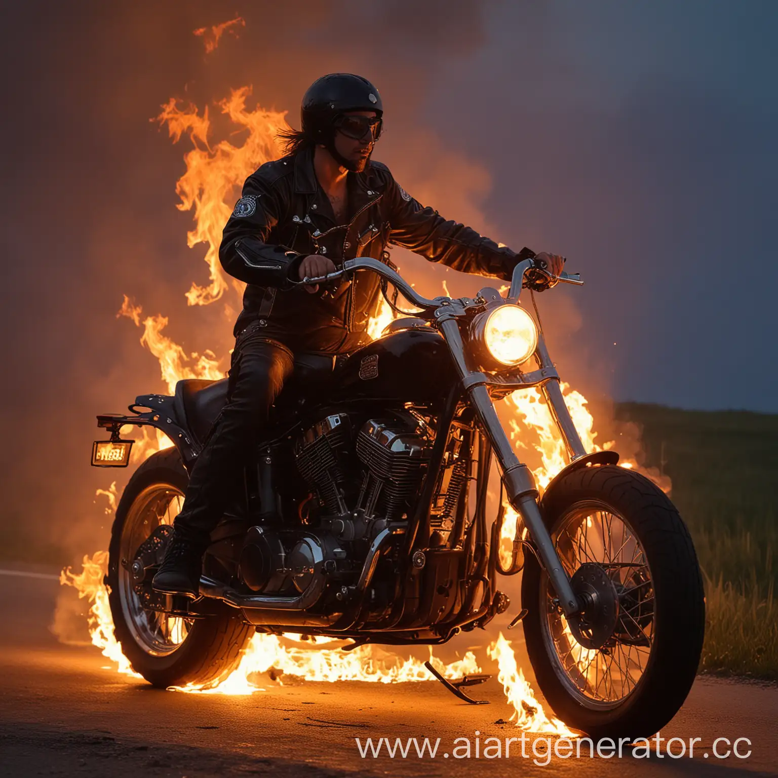 дорога. рокер-байкер на мотоцикле. сумерки. огонь