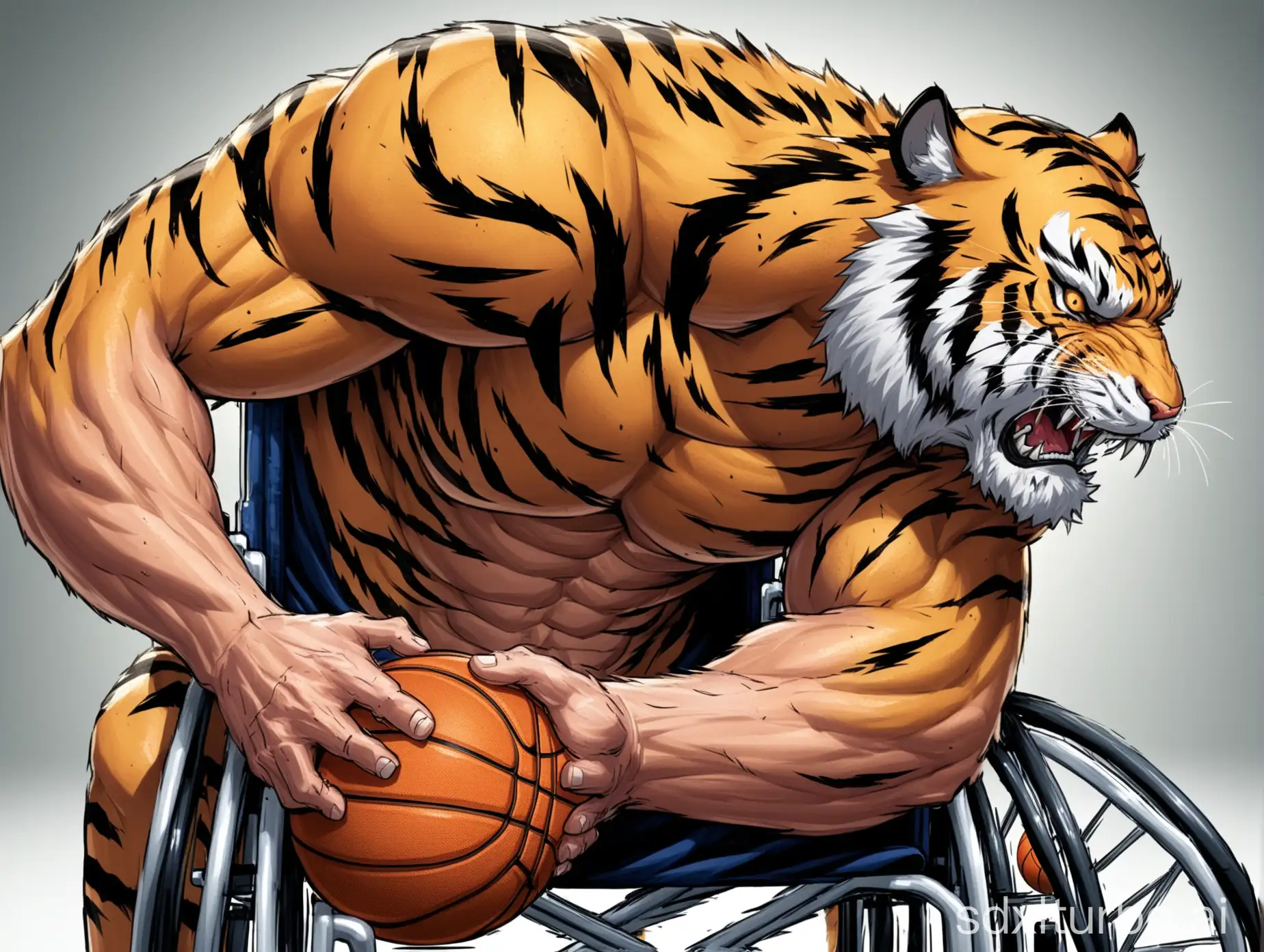 1 muscular tiger in a wheelchair, 1 tiger with an angry face, squeezing a basketball in one of his hands, basketball wheelchair.