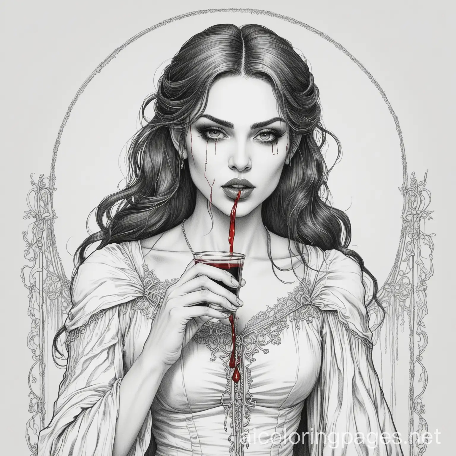 Lesbian Vampire Goddess drinking menstrual blood, Coloring Page, black and white, line art, white background, Simplicity, Ample White Space. The background of the coloring page is plain white to make it easy for young children to color within the lines. The outlines of all the subjects are easy to distinguish, making it simple for kids to color without too much difficulty