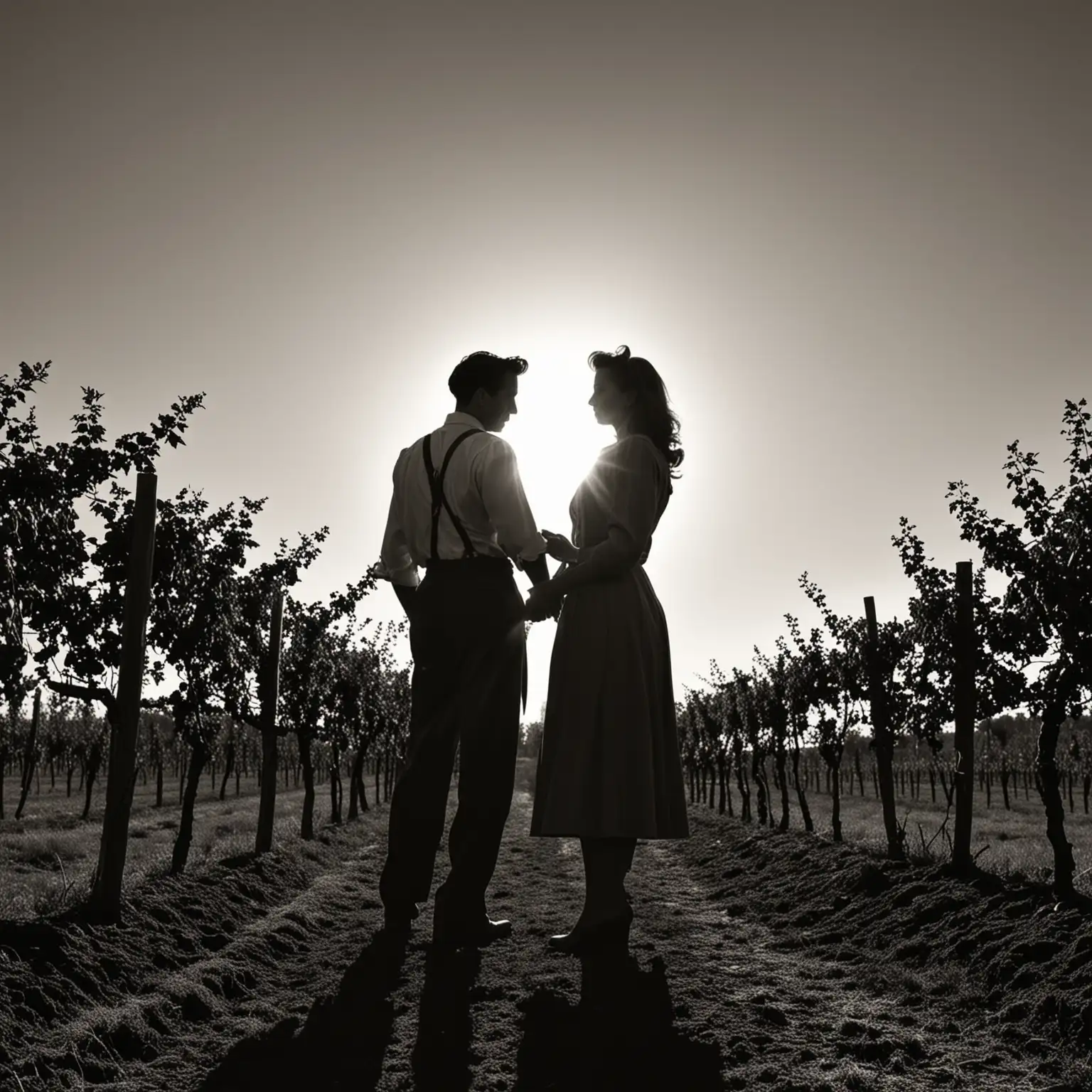 silhouette of a 1940s man in work clothers and 1940s woman wearing a dreass standing in a vineyard embracing