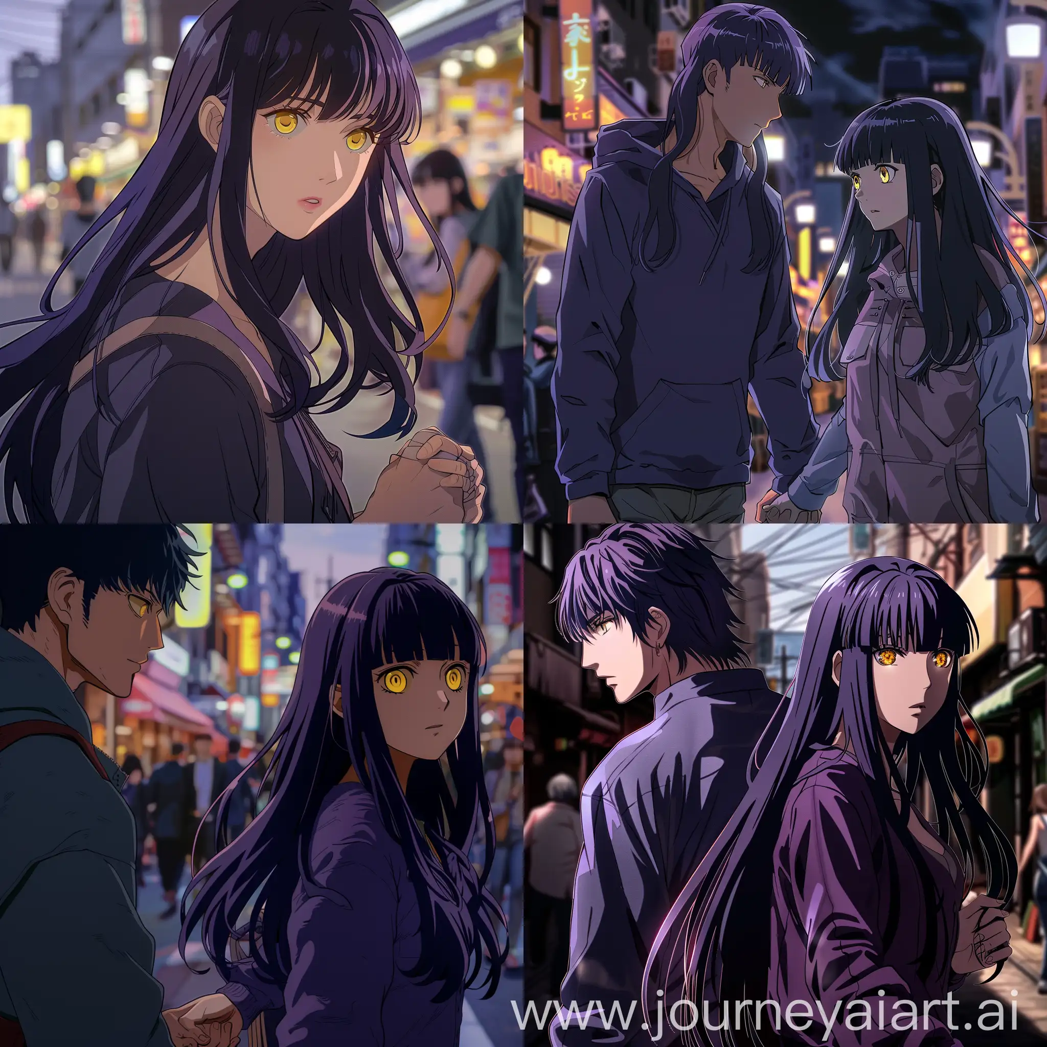 with school of jujutsu high background, female, long hair dark violet with classic bangs, golden yellow eyes, sorcerer, sweet, walking in tokyo city with megumi fushiguro, holding hands with megumi fushiguro, gazing away, close up, wearing casual clothes with megumi fushiguro, jujutsu kaisen animation style