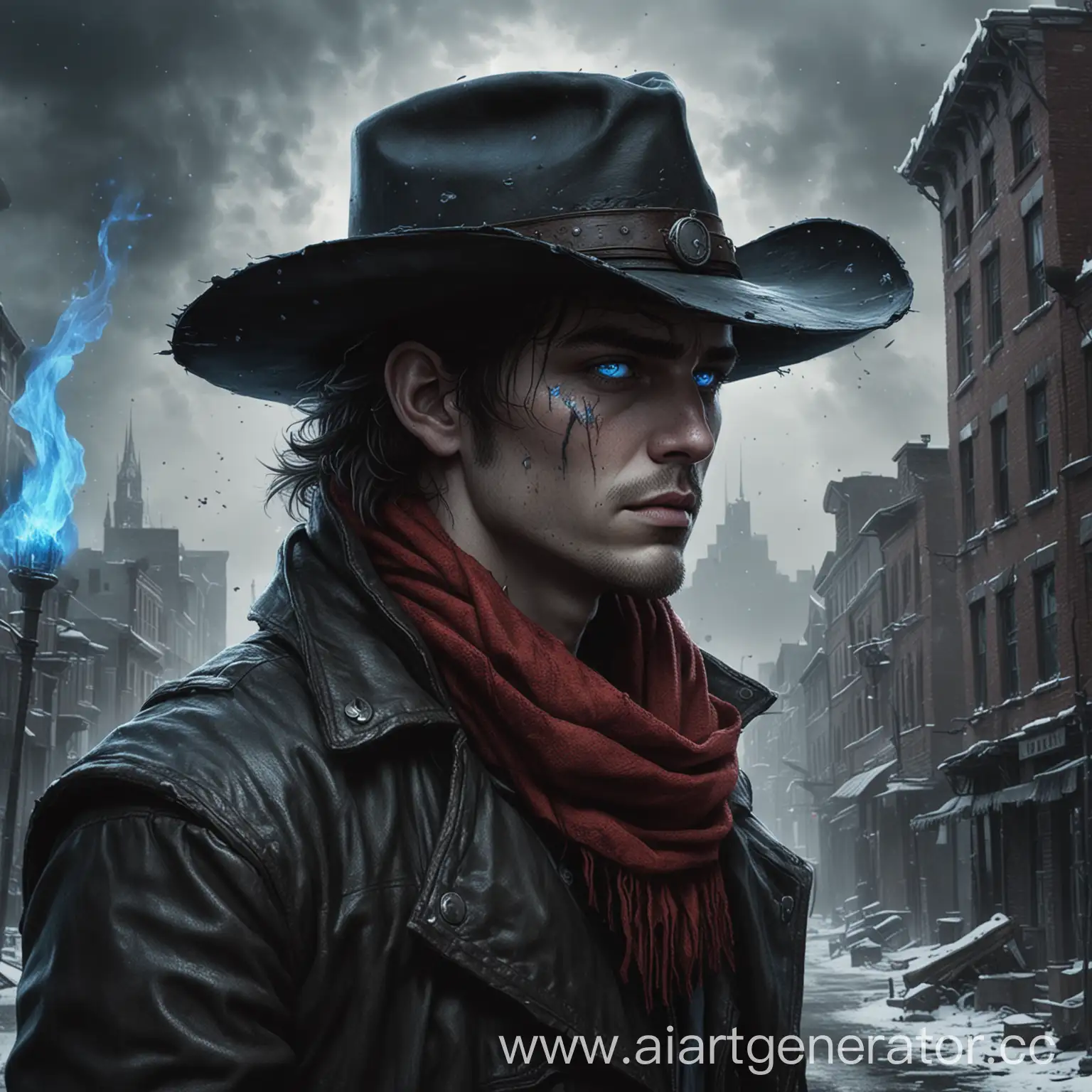 Pixelated-Dark-Fantasy-Portrait-Young-Man-with-Glowing-Blue-Flames-in-a-Desolate-Cityscape