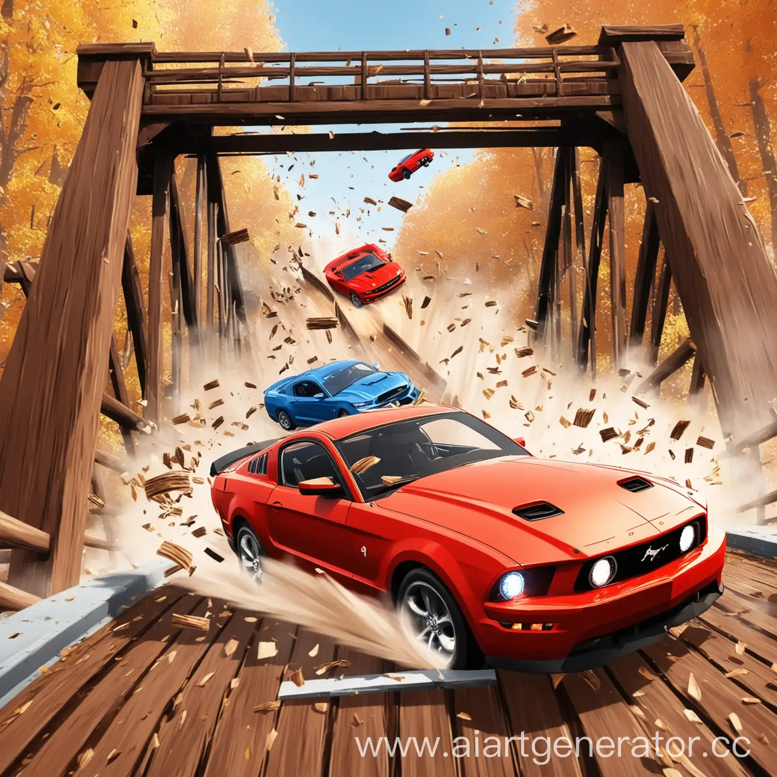 Perilous-Car-Stunt-Red-Mustang-Plunging-from-Spinning-Wooden-Bridge
