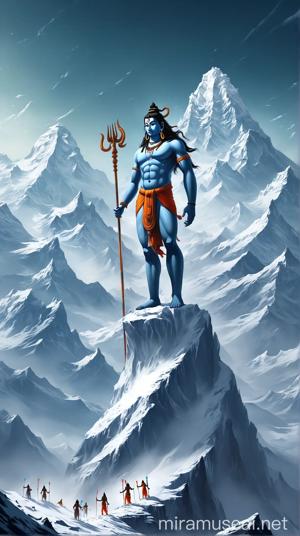 there is a man that is standing on a mountain with skis, lord shiva, god shiva the destroyer, shiva, inspired by Kailash Chandra Meher, himalayas, rising from mountain range, amazing wallpaper, epic digital painting, hd wallpaper, epic digital art illustration, mobile wallpaper, 4k fantasy art, epic illustration, concept art wallpaper 4k, 8k fantasy art