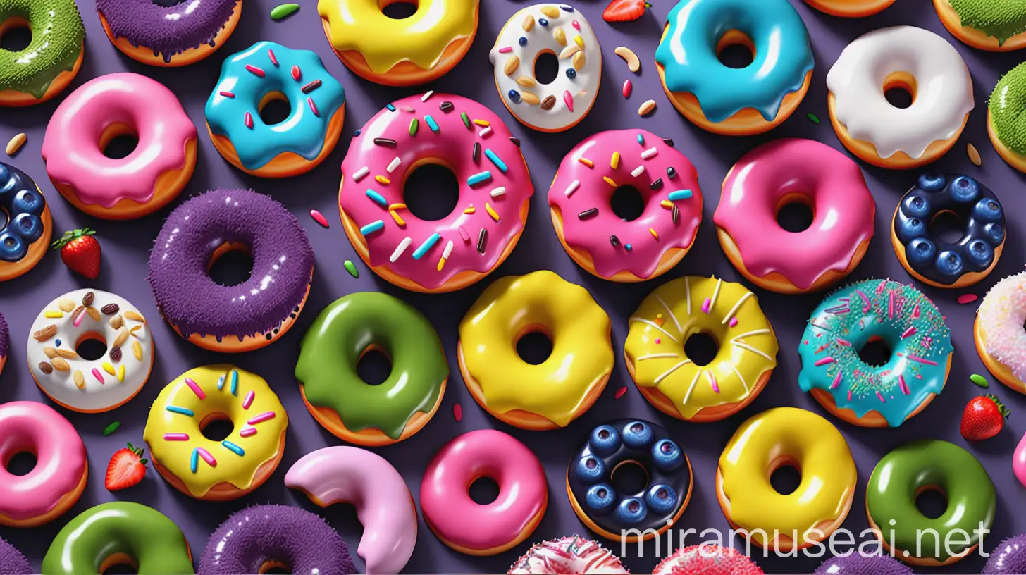 Create an 8K ultra-realistic seamless pattern of assorted colorful donuts. Include a variety of donuts such as bright pink strawberry frosted, deep blueberry glazed, vibrant green matcha, and sunny yellow lemon glazed. Ensure each donut is adorned with contrasting sprinkles, nuts, and other toppings like coconut shavings and candy bits to enhance their appeal. The donuts should be arranged in a dense, overlapping layout that allows the pattern to tile seamlessly. Focus on high-detail textures for the fluffy dough, glossy toppings, and crystalline sugar particles, with natural lighting to bring out the vivid colors and make the pattern pop.