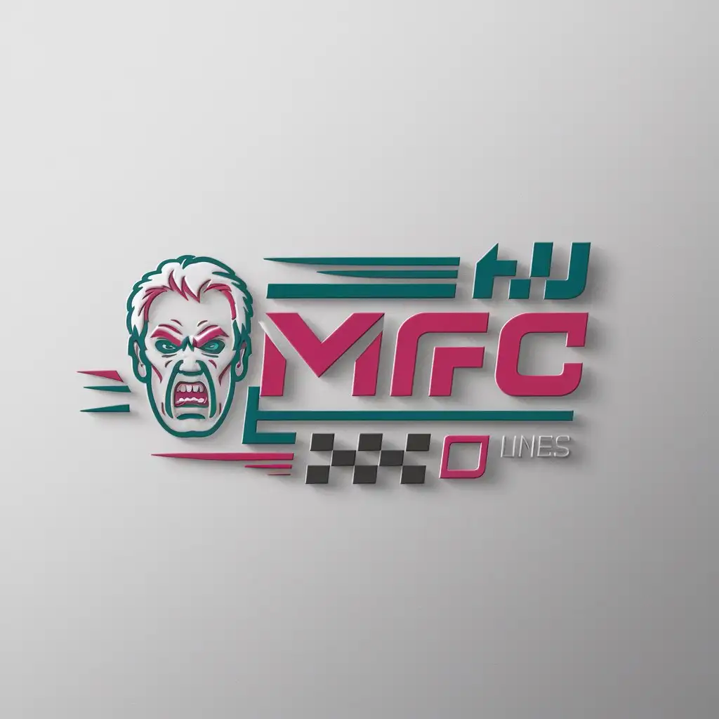  Logo design with the text "MAFC", each letter separate. Main symbol: angry elderly person, depicted in an aggressive manner. Very colorful design using pink and teal colors, in a racing style logo featuring a checkered flag. Minimalistic, suitable for use in the Entertainment industry with a clear background.