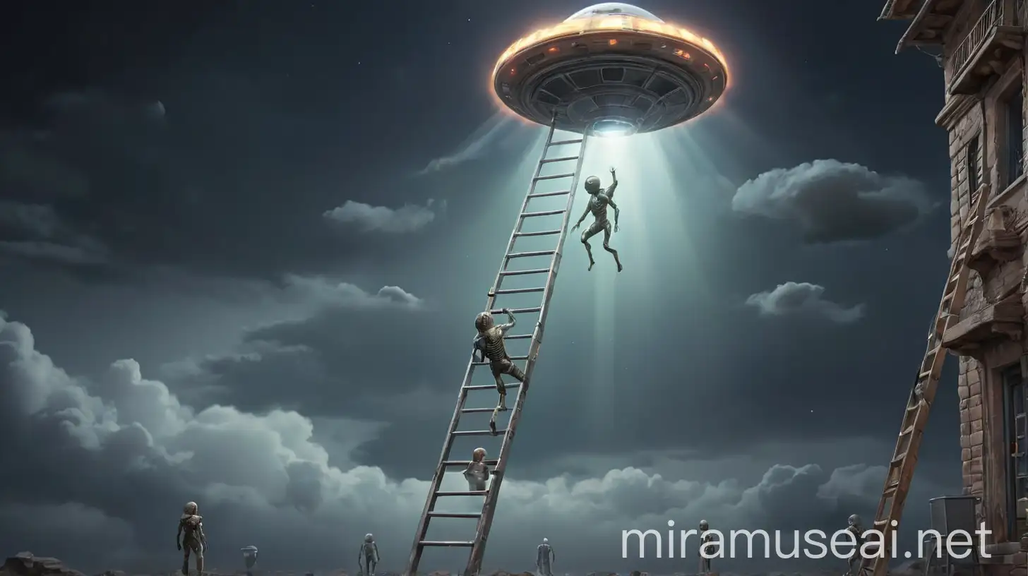 Aliens Descending from UFO on Ladder