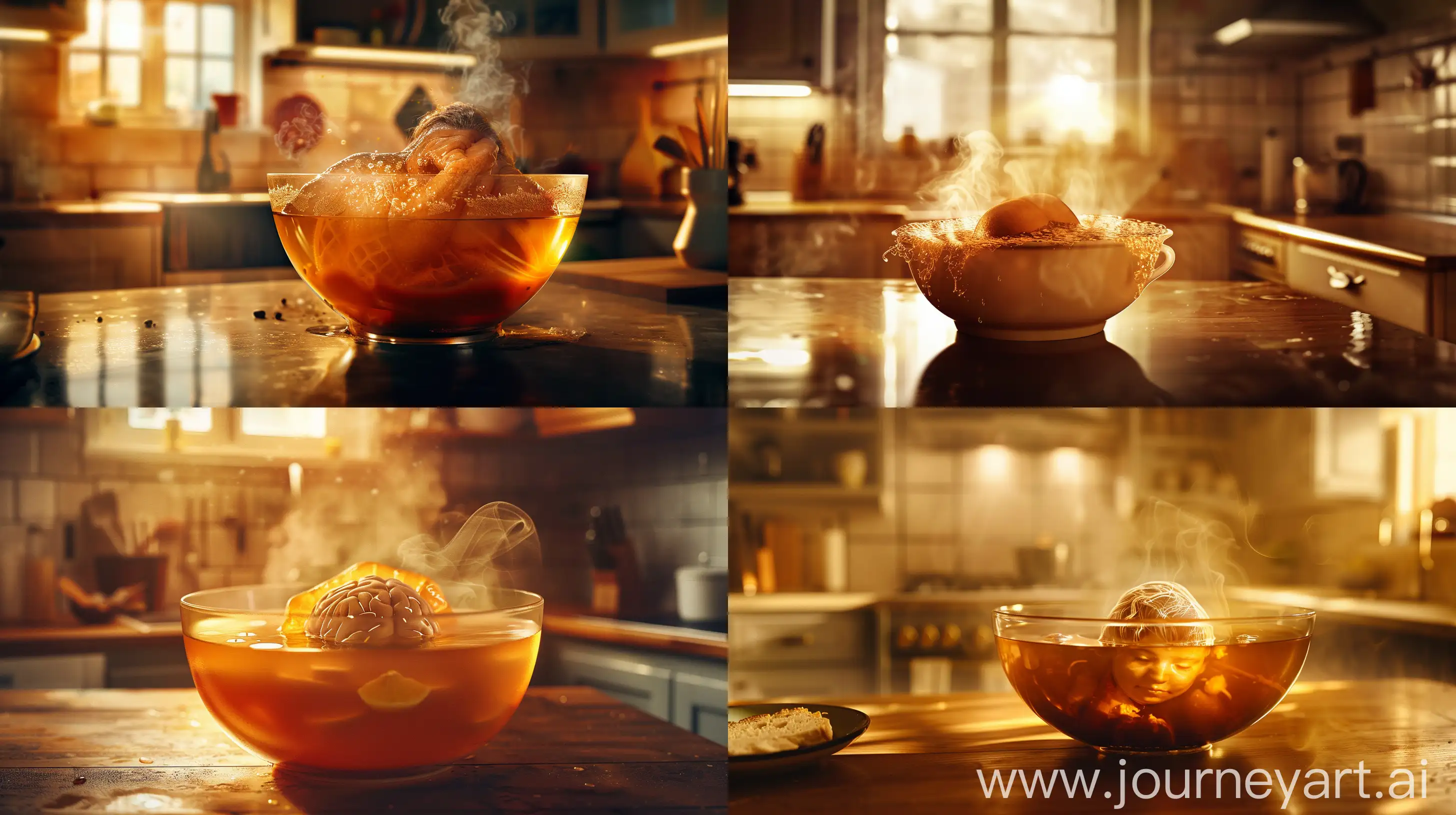/imagine prompt: A photographic depiction of a human sitting inside a bowl of soup, partially submerged, with the soup blending into their skin. The background features a cozy kitchen with soft, warm lighting. Highlights and shadows emphasize the merging effect, with steam rising from the bowl. Created Using: high-definition photography, food photography techniques, surrealism, chiaroscuro lighting, macro lens, warm color palette, detailed textures, natural style --ar 16:9 --v 6.0
