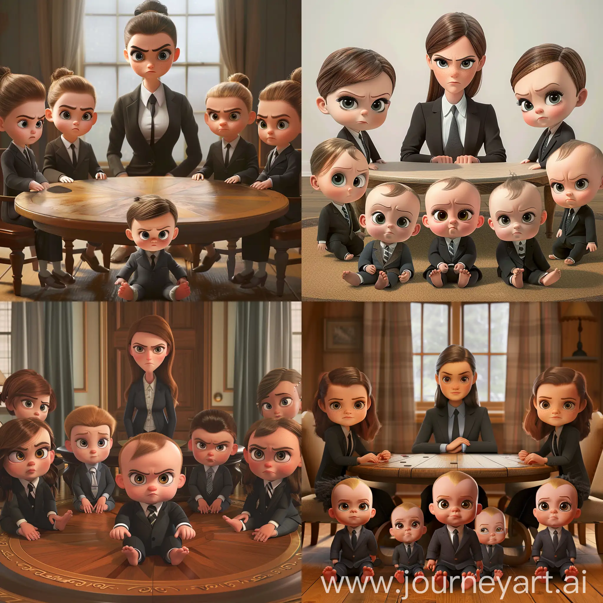 A real animation of 4 girls and 4 boys with the body of a baby and the face of an adult, who are dressed in a suit and tie (similar to the animation of the Boss Baby), along with an adult woman in the middle of the picture, whose facial expressions are all serious, and they are all sitting around a round table. and look at the camera. Two of the people sitting in front of the table have turned to look at the camera.
I repeat that the total number of people is 9 people and the little feet of the children can be seen from under the table.