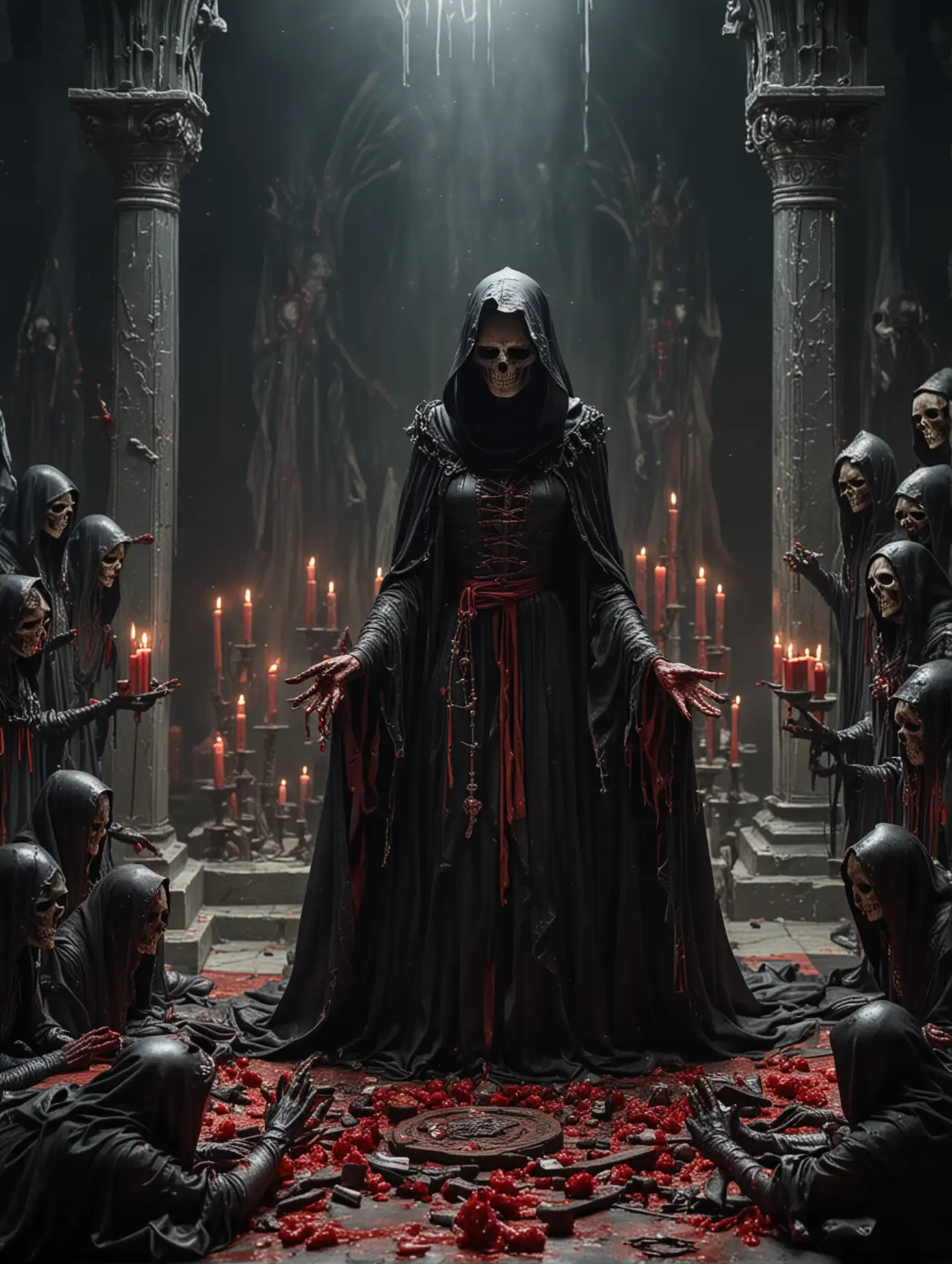 The main character is a queen lich performing a dark ritual on a bloody altar. Around her are hooded acolytes bowing.