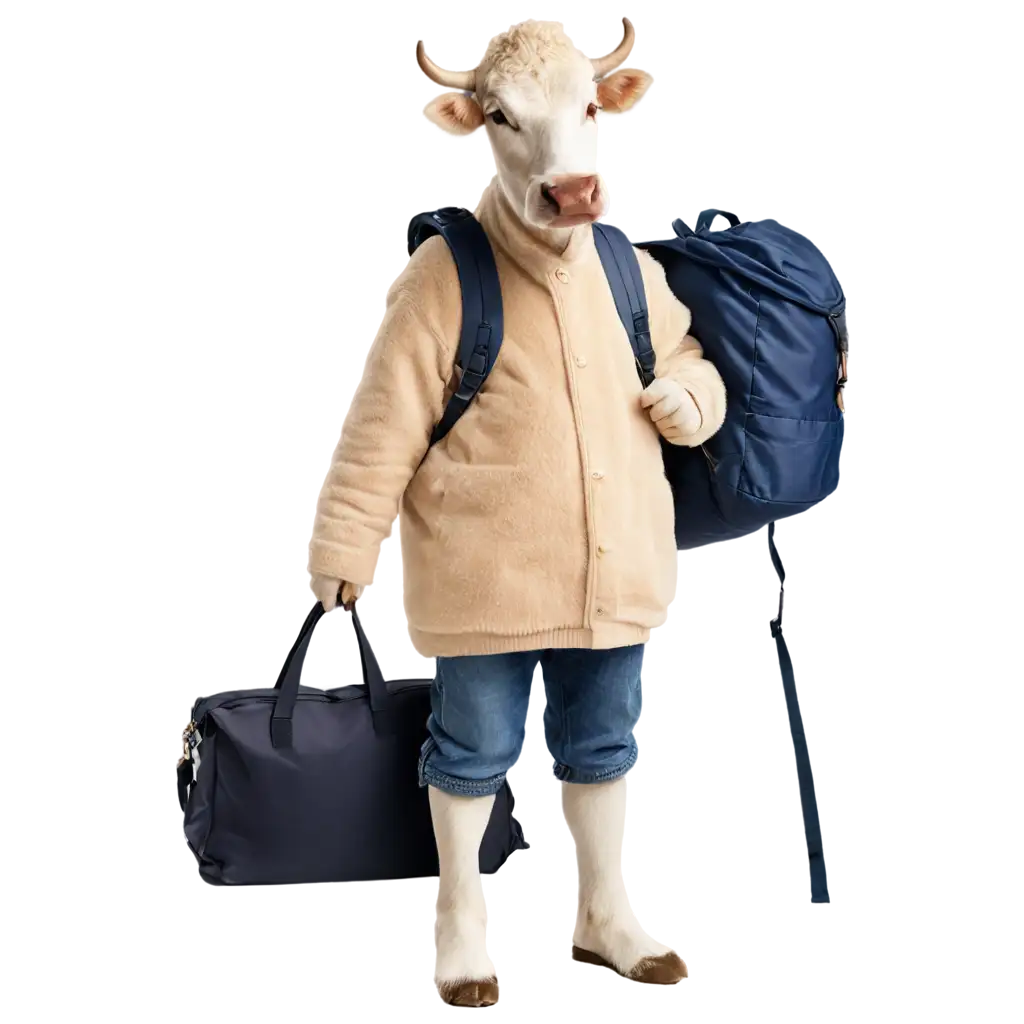cow in a hat with a rucksack, photograph, full-length